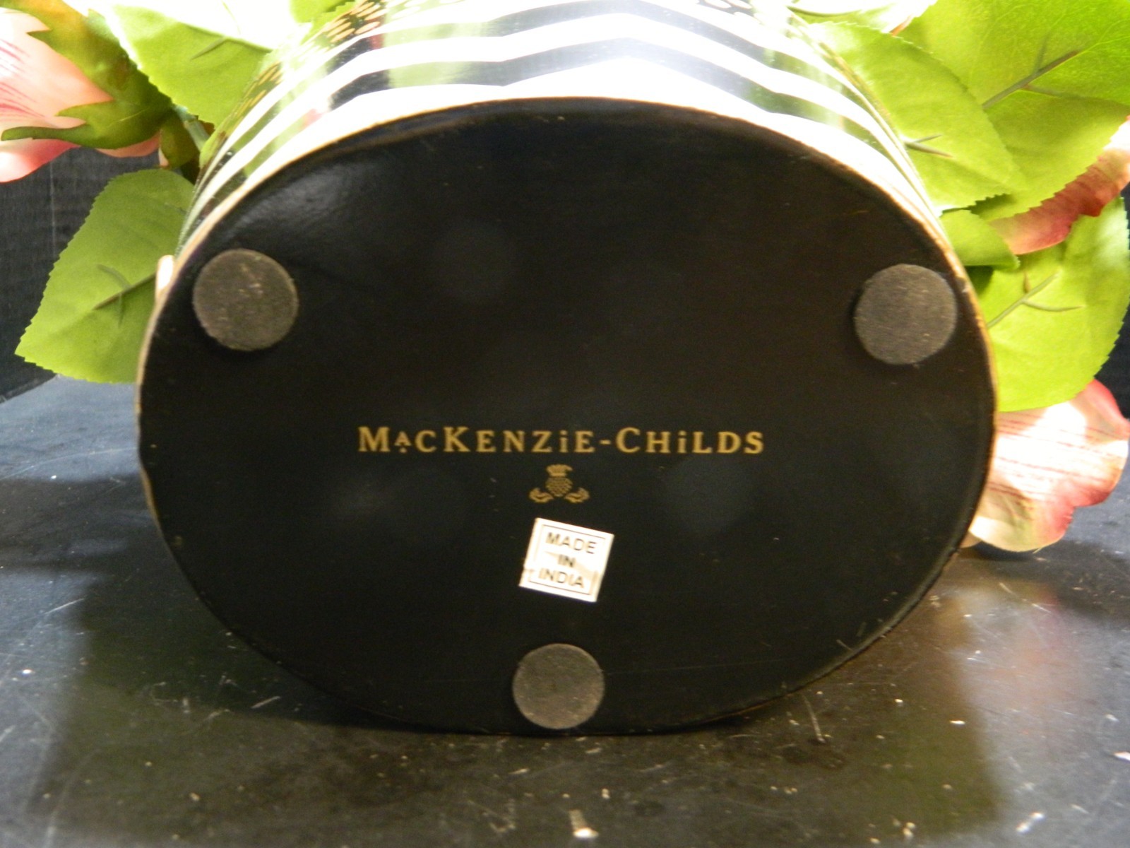 Mackenzie Childs Black & White Zig Zag Flower Pot w/ Flower Arrangement Excel