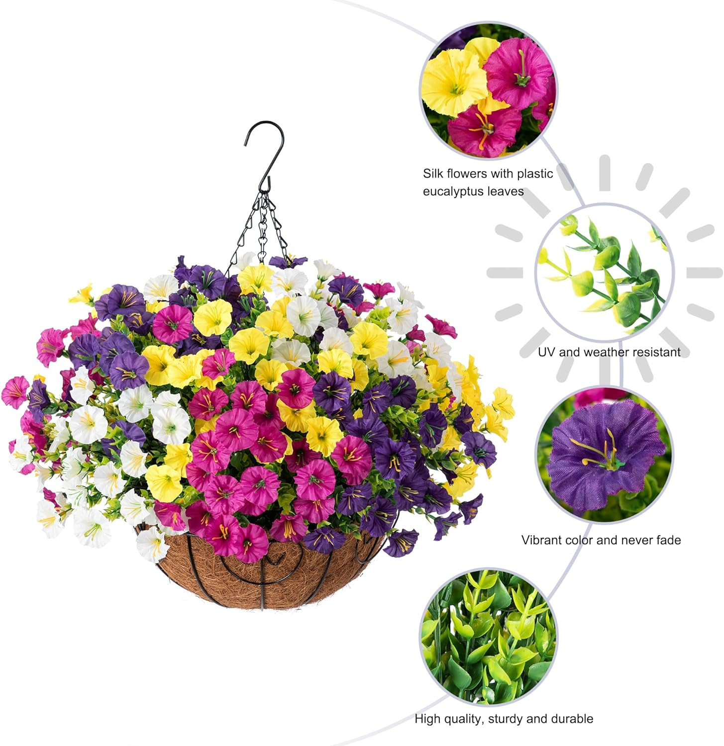 Artificial Hanging Flowers Faux Plants Basket for Outdoors Spring Decor, Fake Si