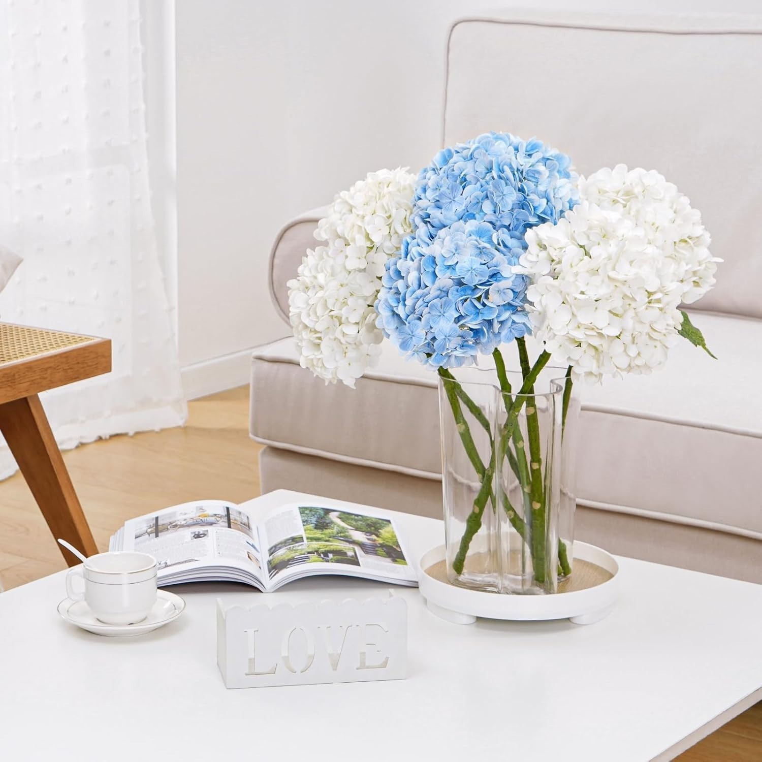 5 pcs Real Touch White Hydrangea Artificial Flowers Long Stem Faux Bouquet Bulk
