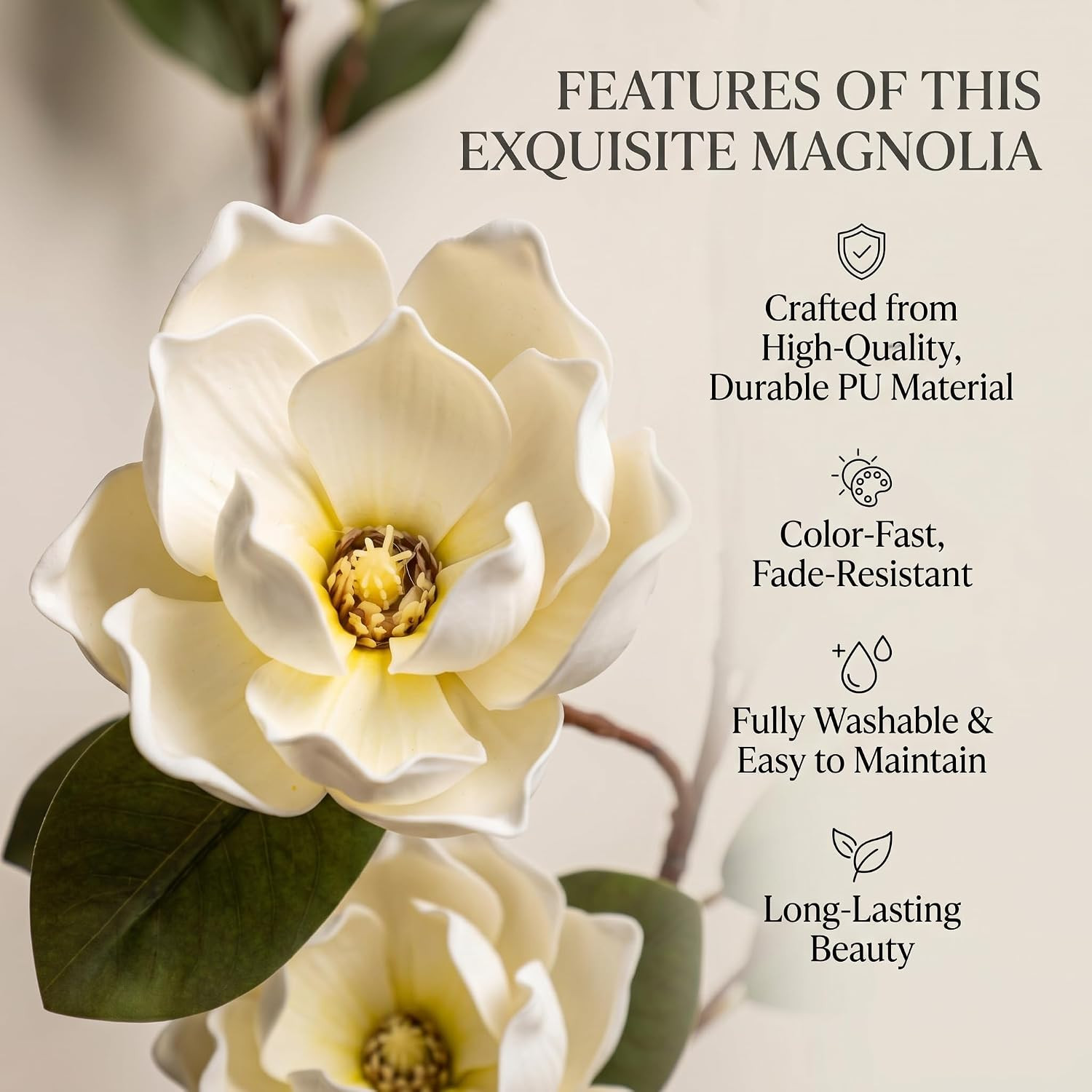 Realistic White Magnolia Faux Flowers with Green Leaves – 3 Pcs for Decor