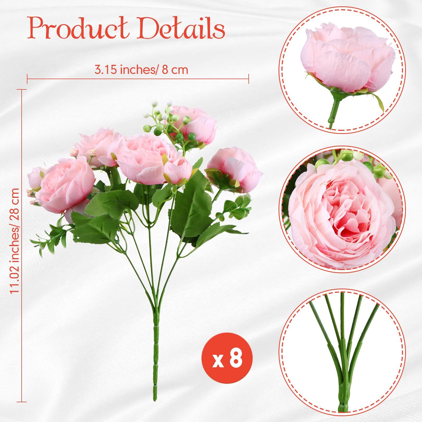 Pink Artificial Peonies 8 Bundles Silk Flowers Faux Peony Bouquet Bulk
