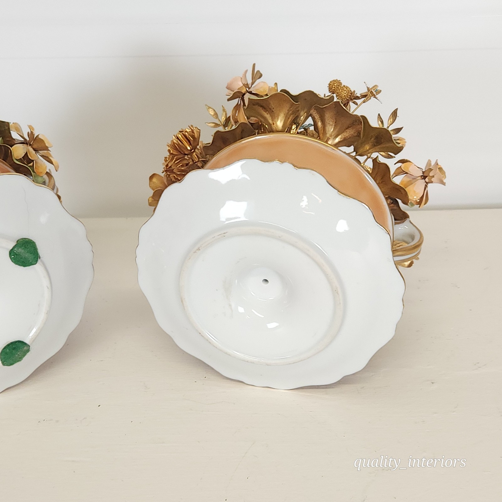 Pair Jane Hutcheson for Gorham Apricot Teacup & Saucer Floral Arrangement