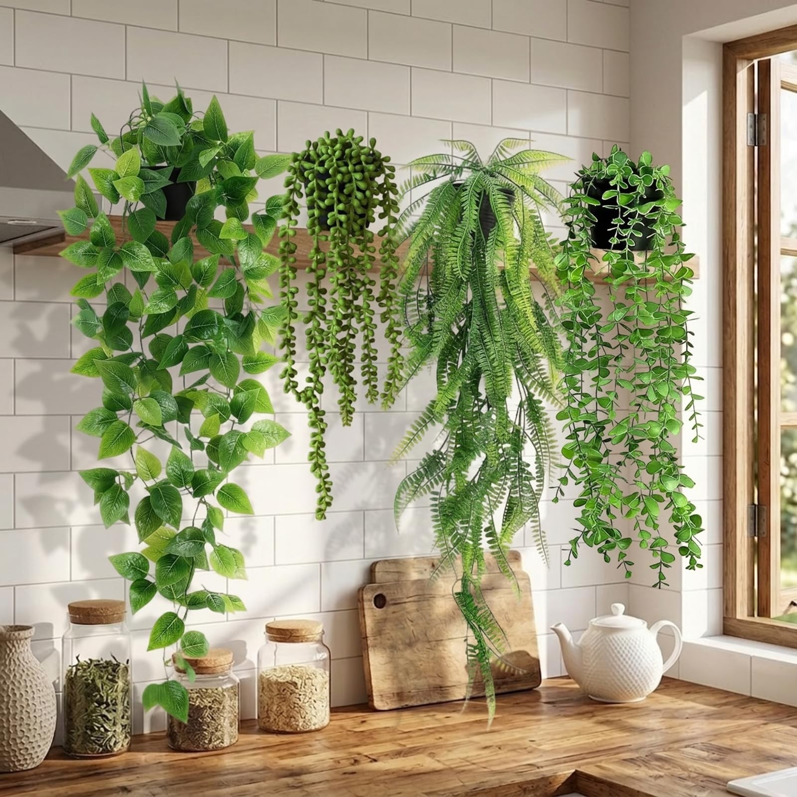 4 Pcs Artificial Hanging Plants with Pots – Realistic Fake Eucalyptus & Ivy V…