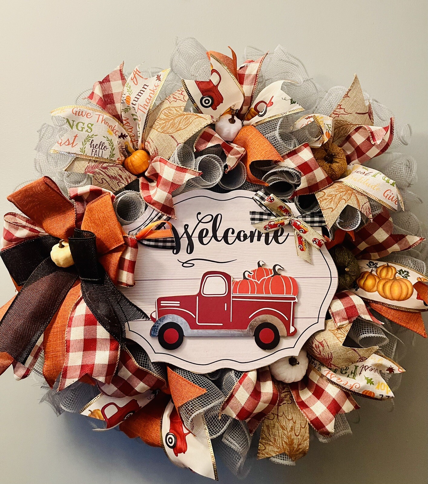 Fall Autumn All Occasion Red Truck Farmhouse Handmade Deco Mesh Door Wreath