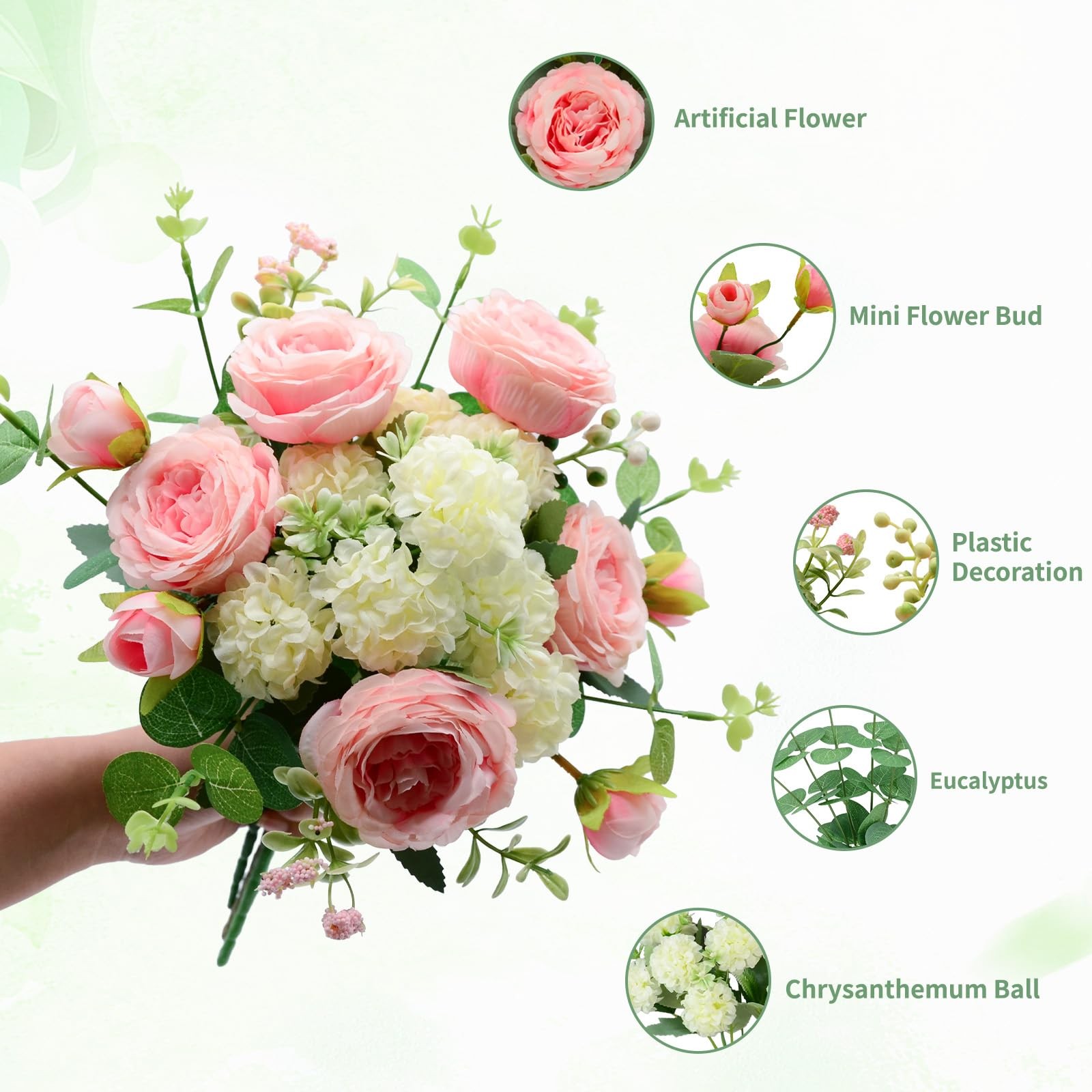 Artificial Flowers Bouquet, Pink Silk Peonies Chrysanthemum Mixed Bouquet wit…