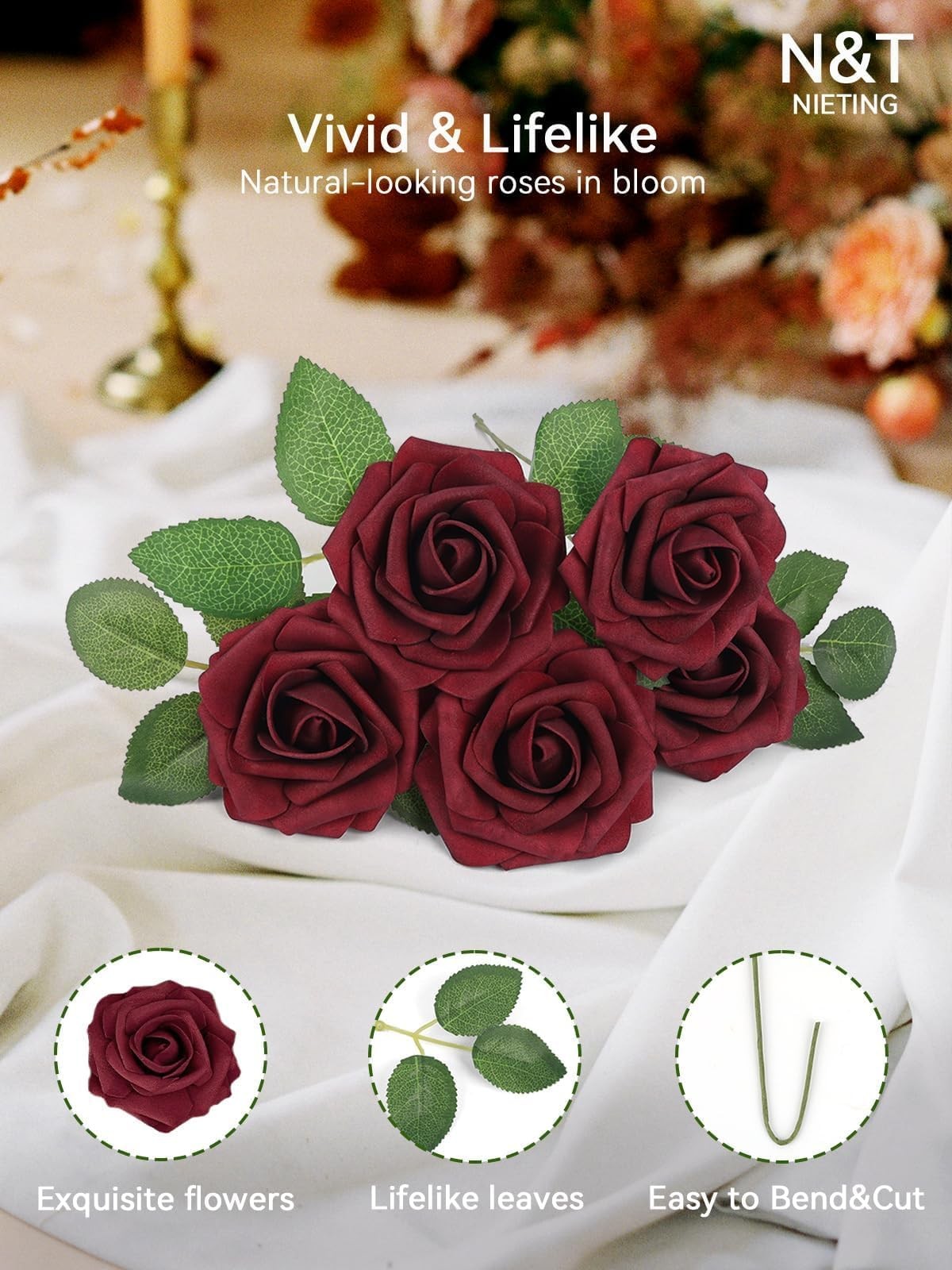 NT NIETING Artificial Flowers, 25Pcs Fake Flowers Roses Perfect DIY Wedding