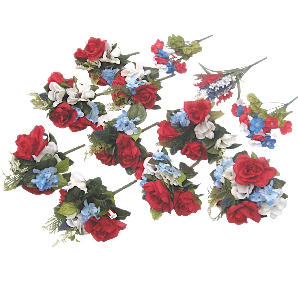 Silk Flower Lot of 12 Bushes 12″ Patriotic Red White Blue Florist Quality