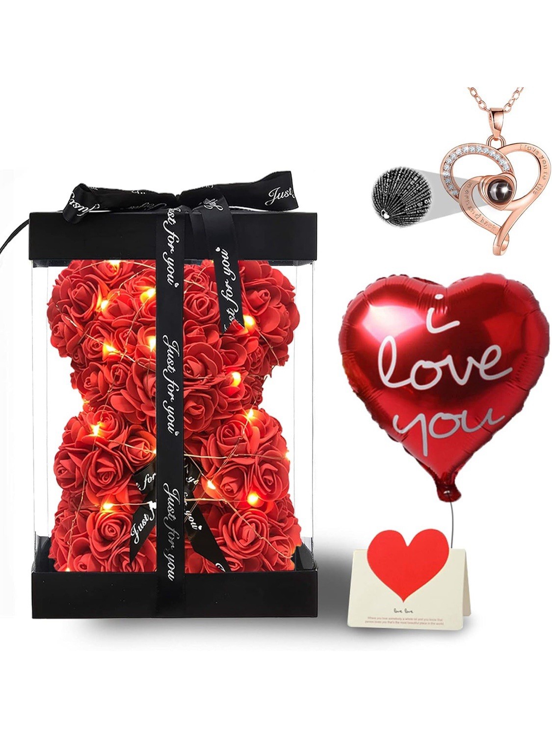 Red Rose Bear Gifts, Flower Bear Rose Teddy Bear with Box Lights Necklace Balloo