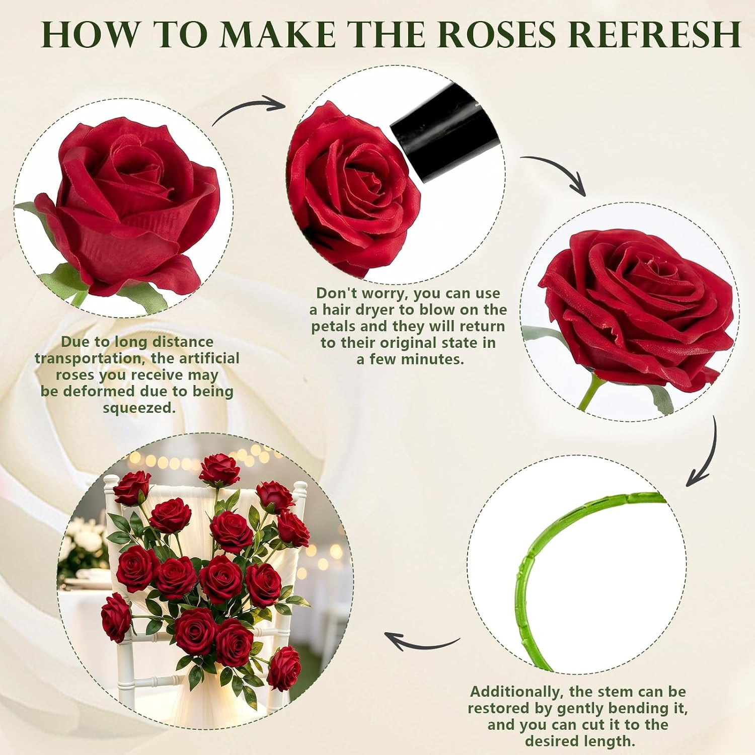 50 Pcs Artificial Roses +10 Eucalyptus + 1 Sachet (Rose Red) | Fake Velvet Silk