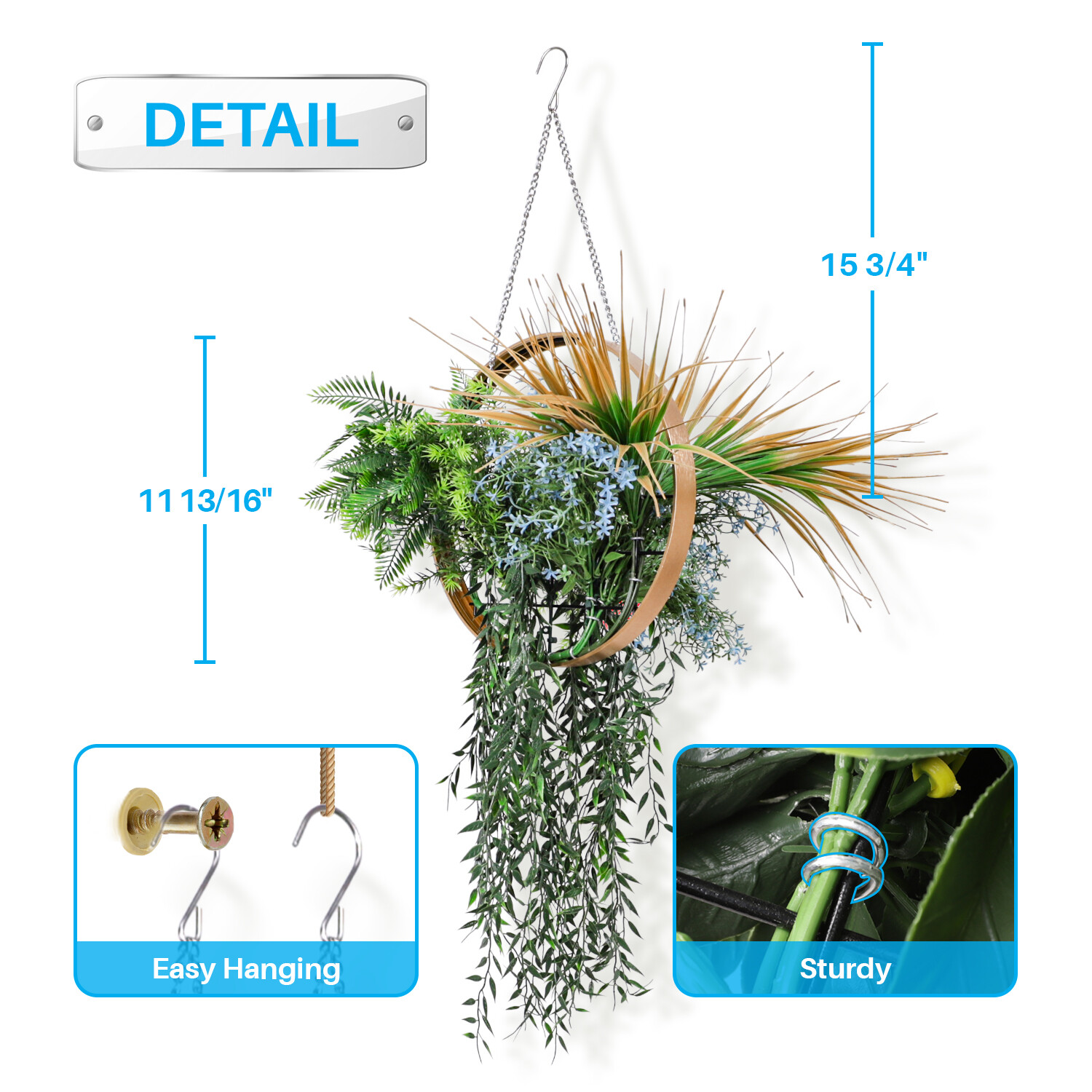 Patio Artificial Hanging Plants with Gold Frame 1Pcs for Wall House Office