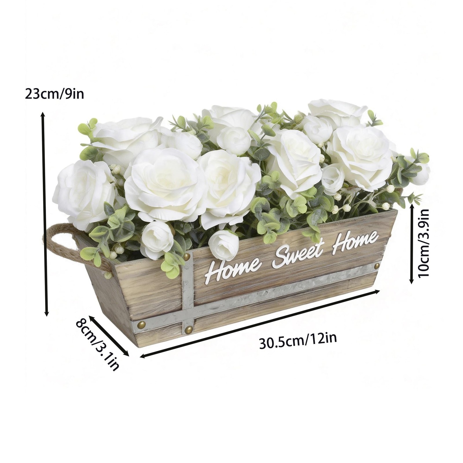 Artificial Rose Flower Arrangement with Eucalyptus in Wooden Planter, Faux Fl…
