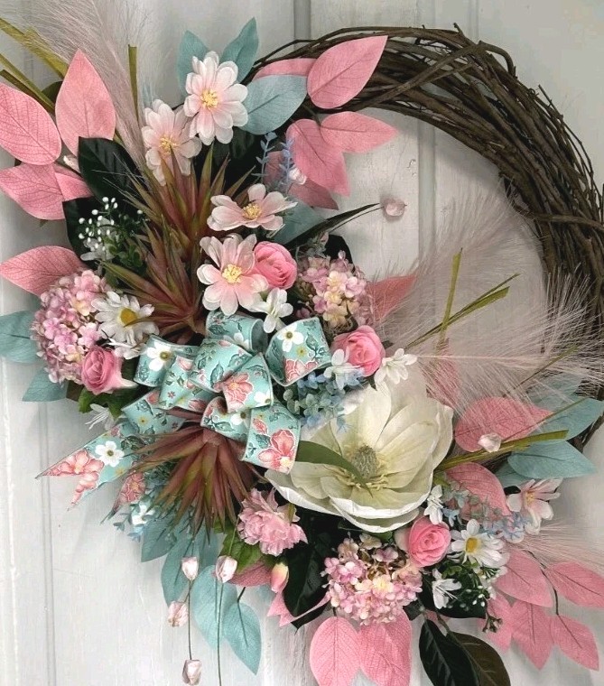Summer Magnolia Wreath for Front Door, Pink Floral Grapevine Wreath, Cottage