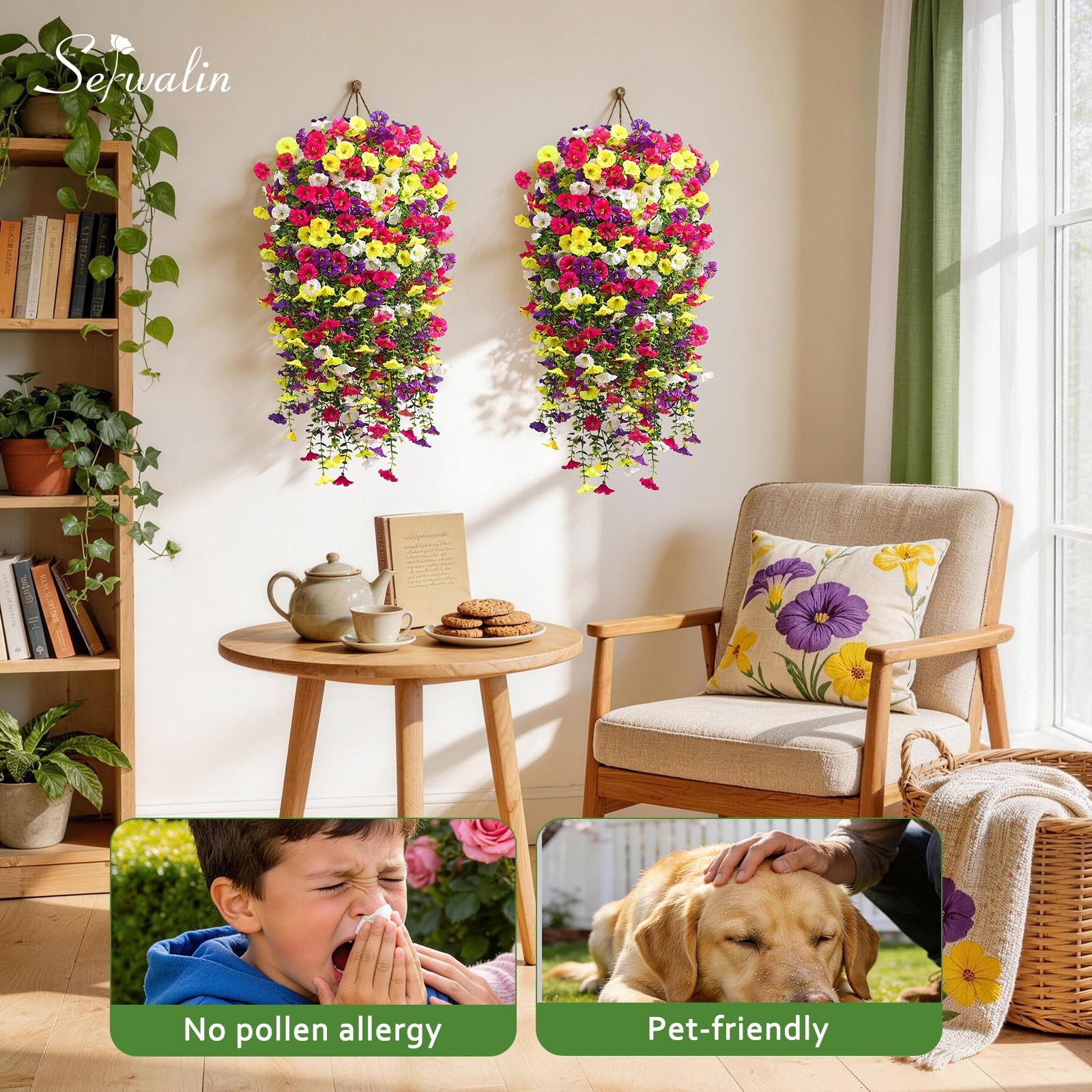 Serwalin Artificial Hanging Flowers for Outdoors UV Resistant, 4PCS Faux Morn…