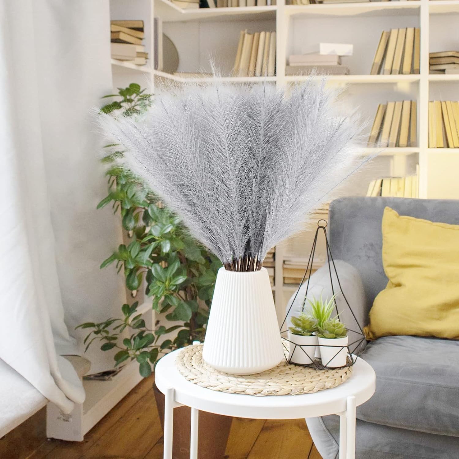 50pcs Faux Pampas Grass Grey, 21.6″ Short Artificial Pompous Grass Floral Fake
