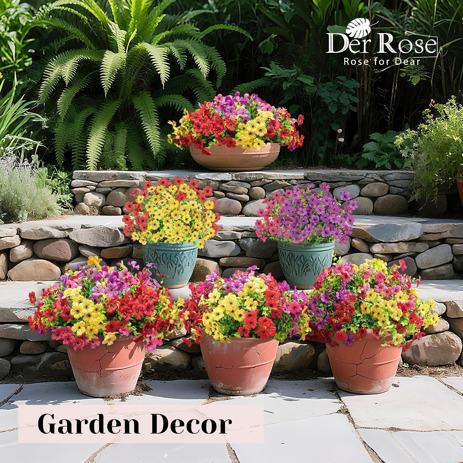 .Der Rose 12 Bundles Artificial Flowers Outdoor UV Resistant for Porch Garden