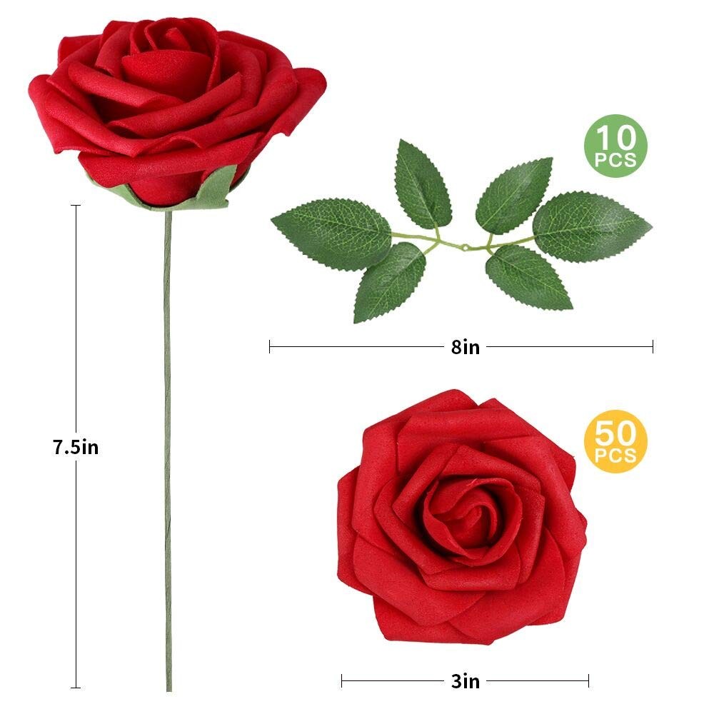 AmyHomie Artificial Flower 50pcs Real Looking Fake Roses w/Stem for DIY Wedding