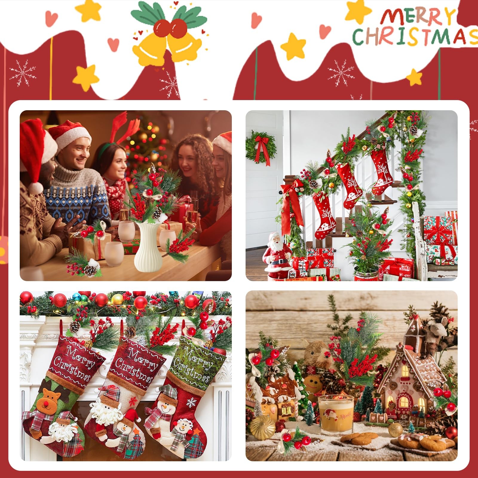 Christmas Picks and Sprays Artificial Pine Needles Branches Berries Red Stems…
