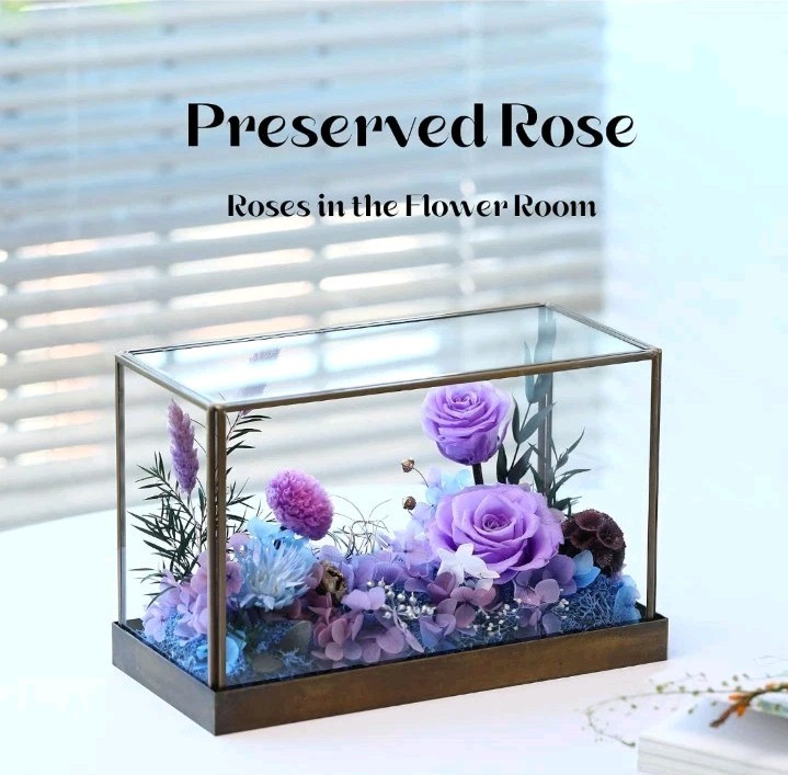 RoseValley Preserved Rose Flower Arrangement Glass & Wood Display Case 9in