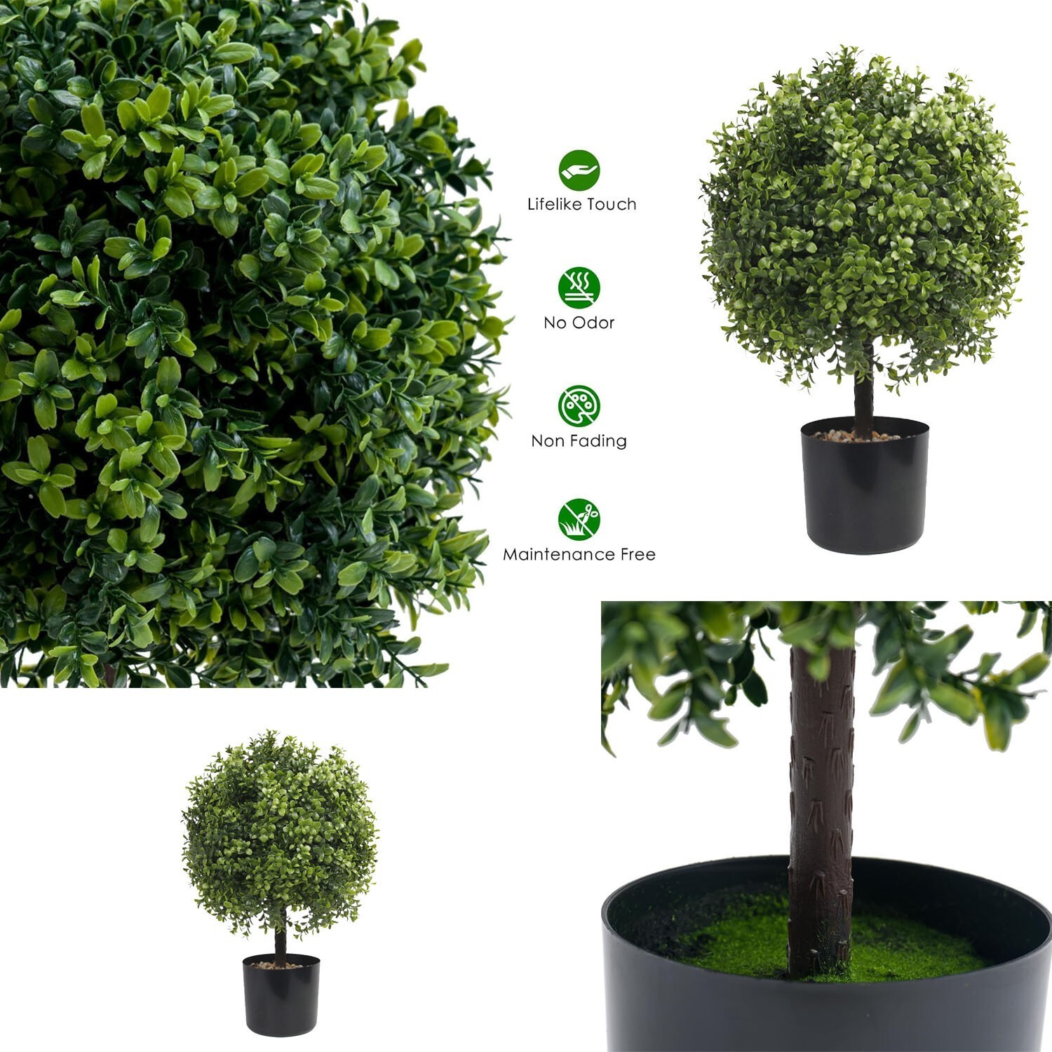 Artificial Topiary Triple Ball Boxwood Tree, 2 Pack Fake Topiaries Trees 20inch