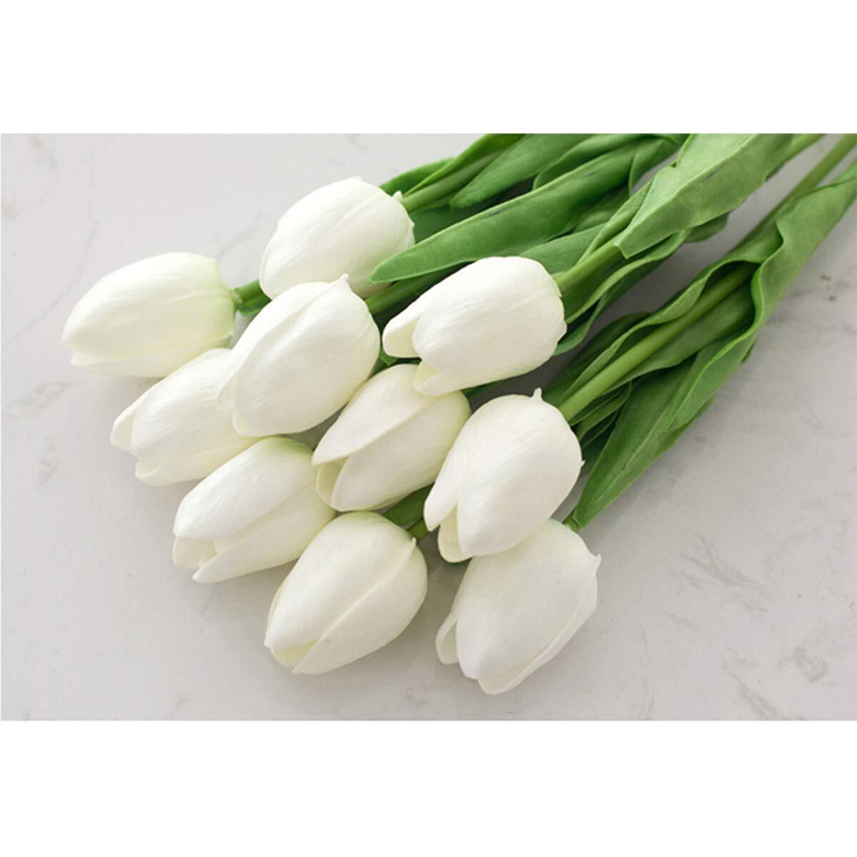 20Pcs Artificial Tulips White Real Touch PU Latex Faux Spring Singh Stem Bouquet