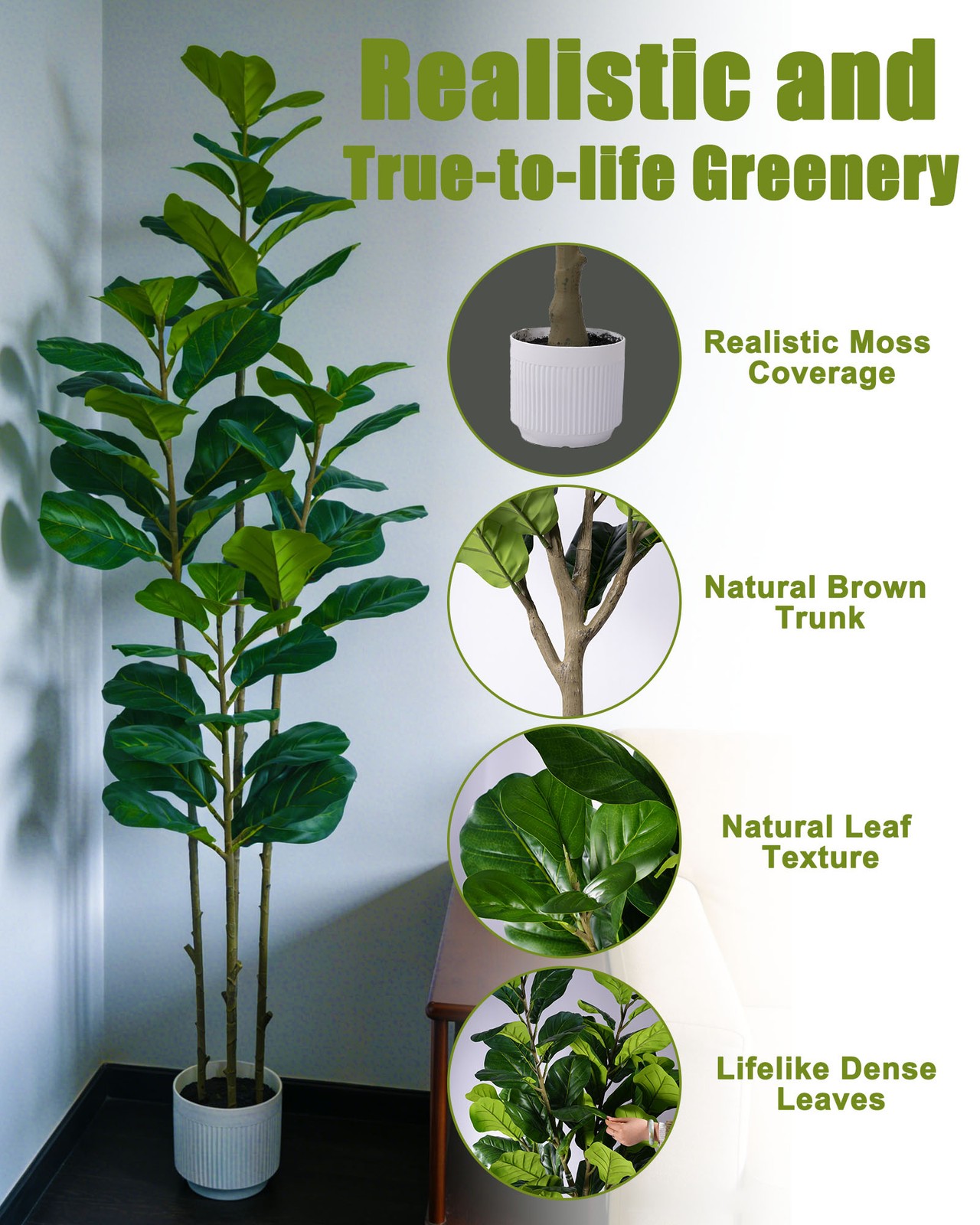Artificial Fiddle Leaf Fig Tree 6FT Faux Ficus Plant Tree in White Planter Pot