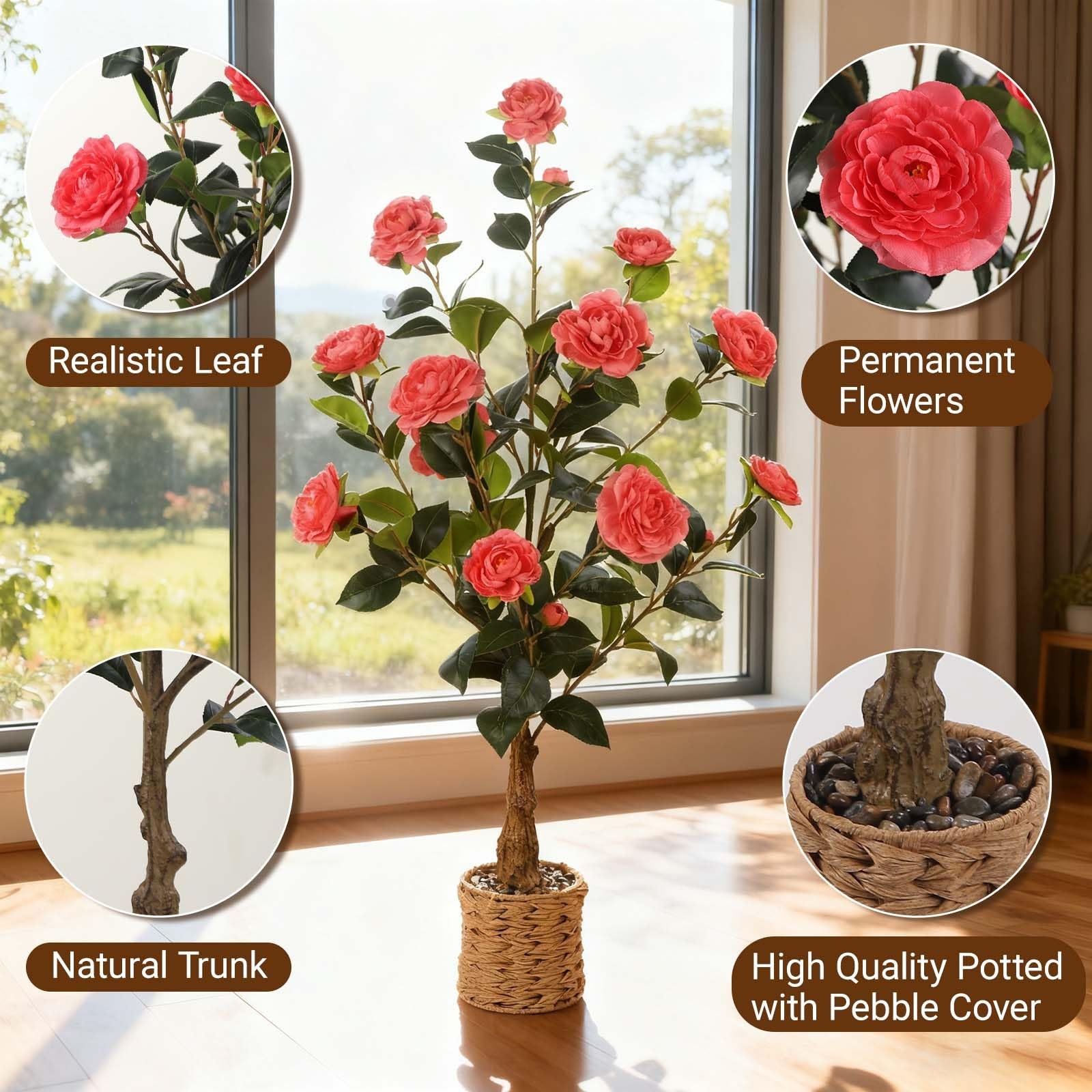 2Pack Artificial Camellia Tree, 3Ft Faux Pink Camellia Plant in Pot, Fake Out…
