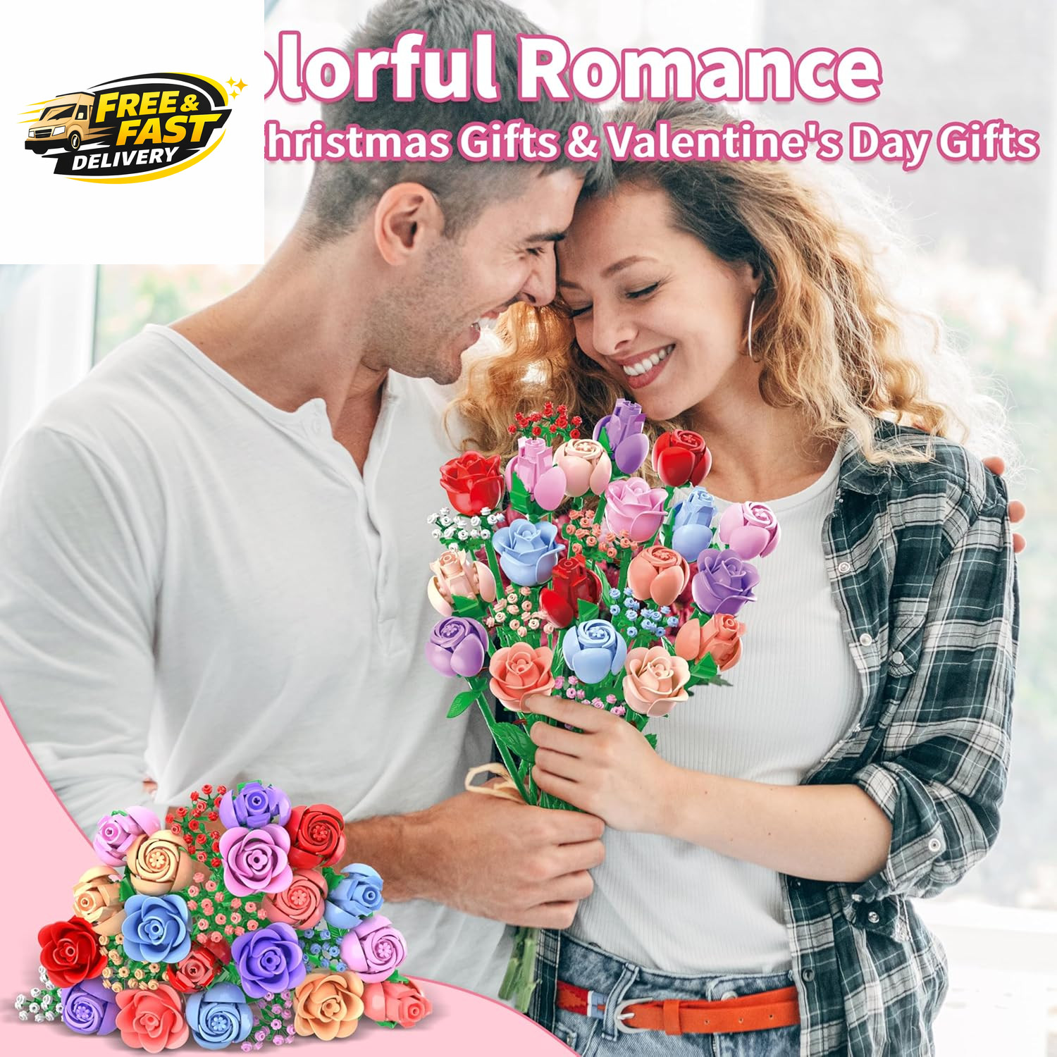 Colorful Rose Bouquet Flowers Building Set, 24 Boxes 1380Pcs Artificial Flowers