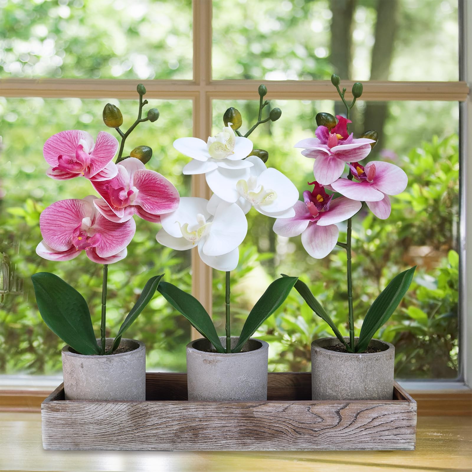 Set of 3 Small Artificial Orchid Potted Plants Arrangement with Rustic Wood P…