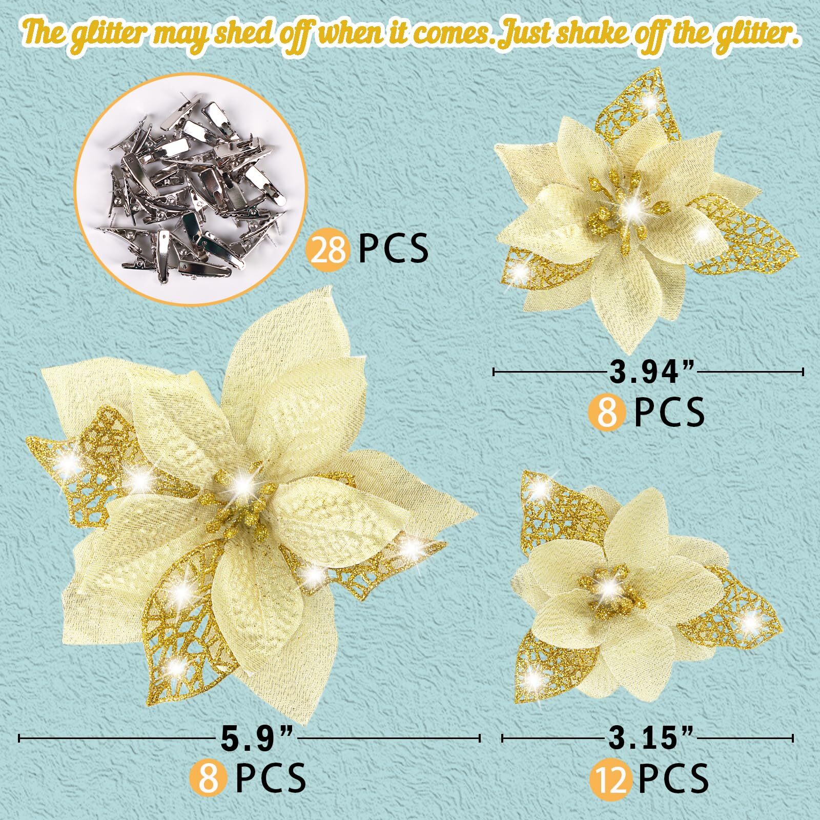 Christmas Poinsettia Decorations 28pcs Gold Glitter Tree Ornaments Clips