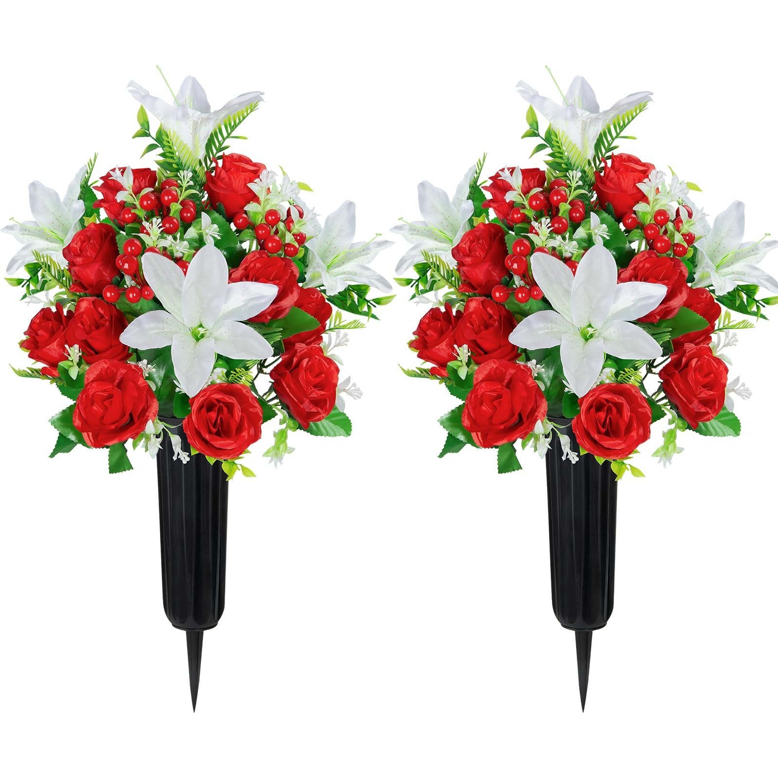 Set of 2 Artificial Cemetery Flowers with Vase – Rose Lily Bouquet for Graveside
