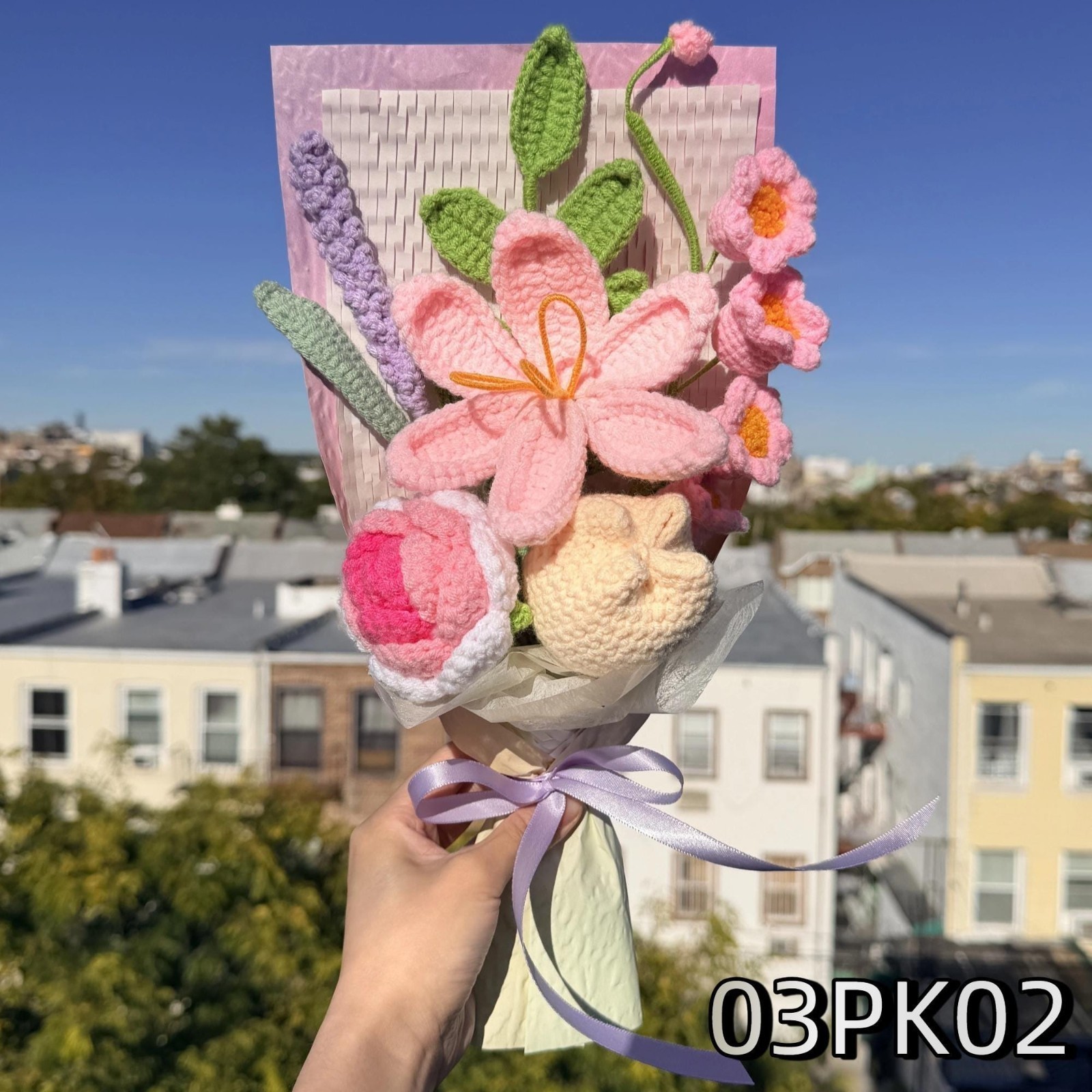 Pink Lily Rose Crochet Bouquet Handmade Birthday Gift for Her
