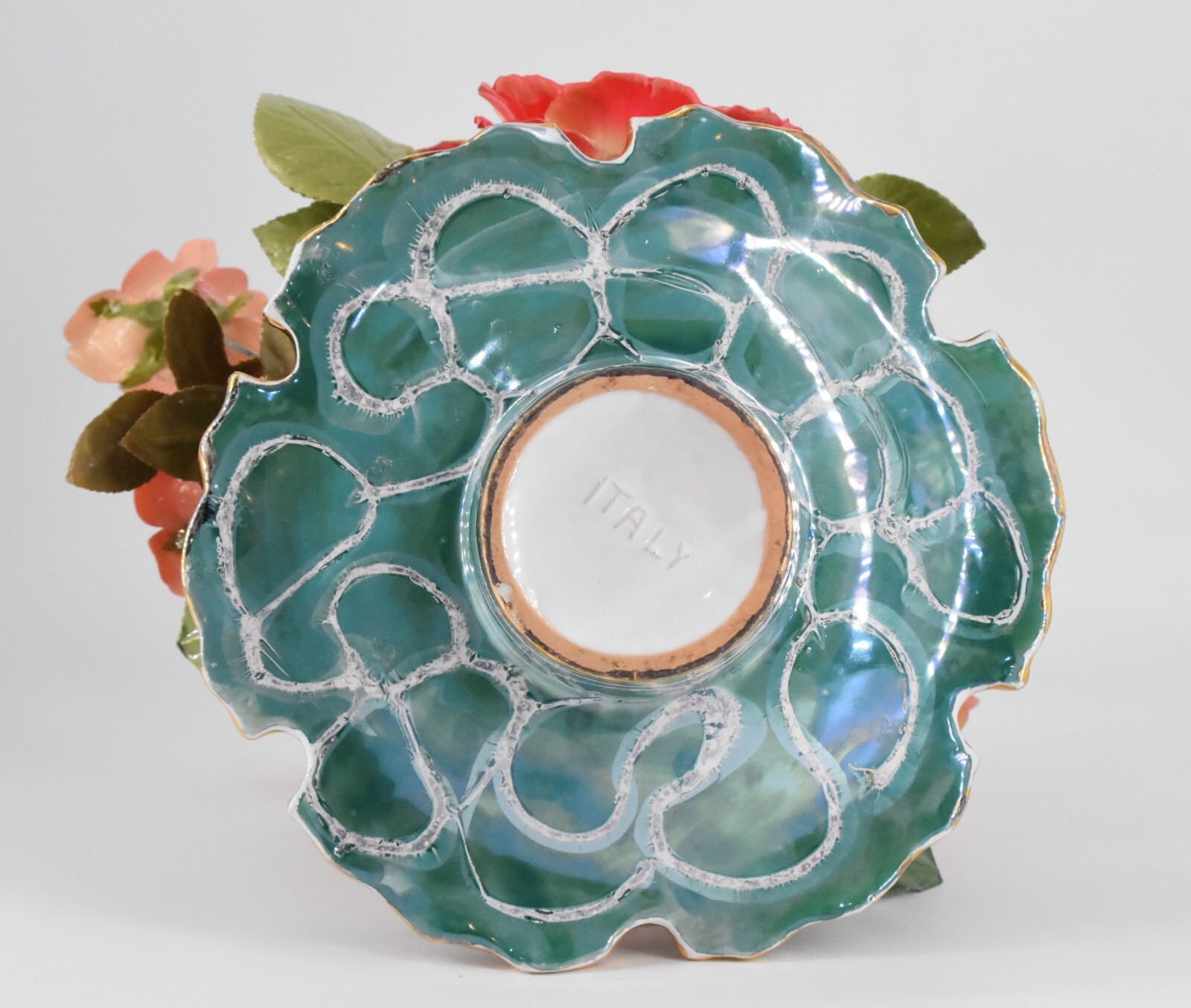 VTG Pink Flower Arrangement Centerpiece Italy Turquoise Gold Ceramic Dish 14″