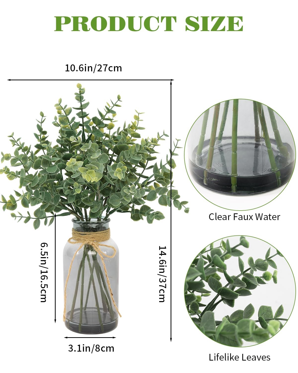 Eucalyptus Stems in Glass Vase with Faux Water, 14″ Eucalyptus Fake Plants Fa…