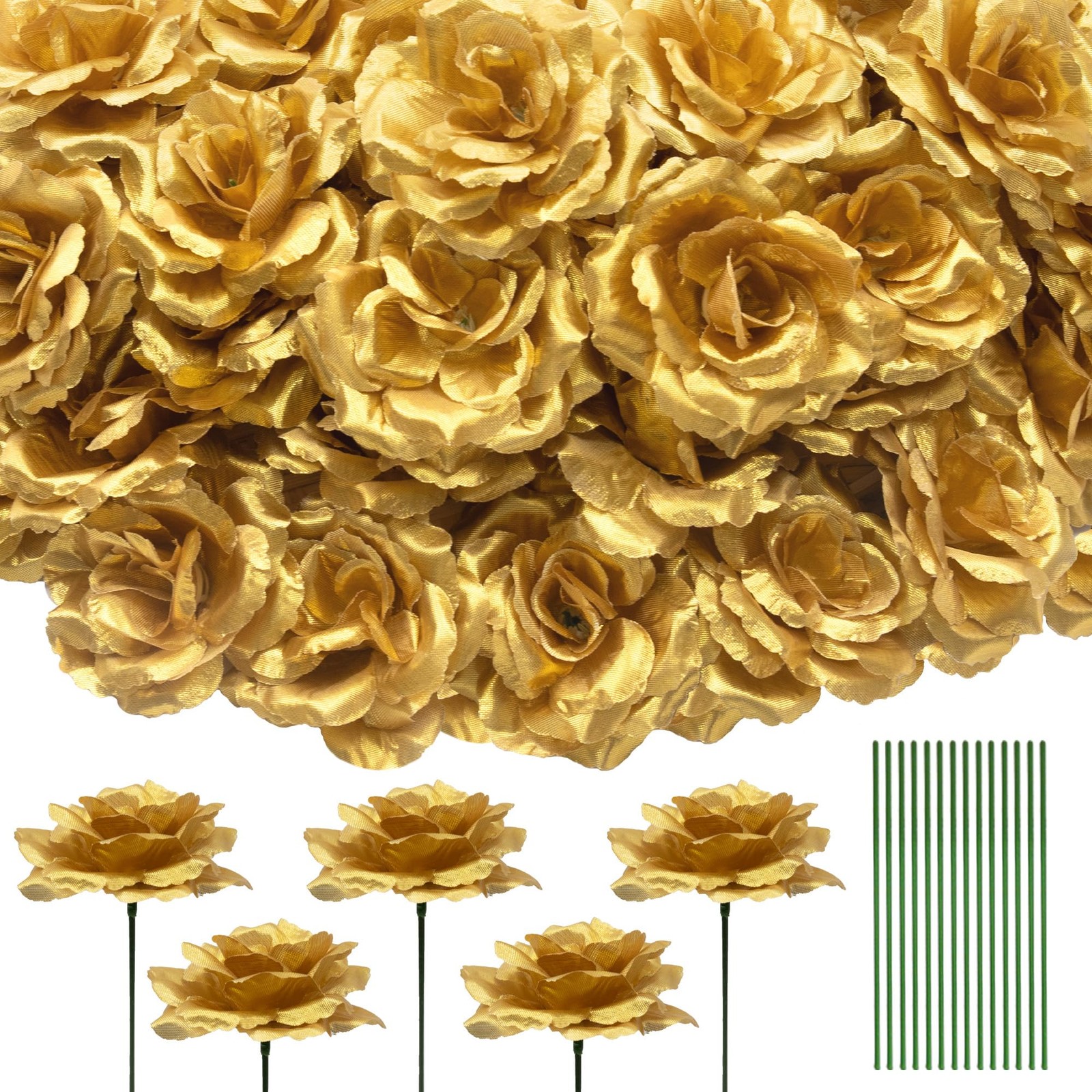 Artificial Flowers Rose Flower Head Silk 3in with Stem 50 Pcs Gold