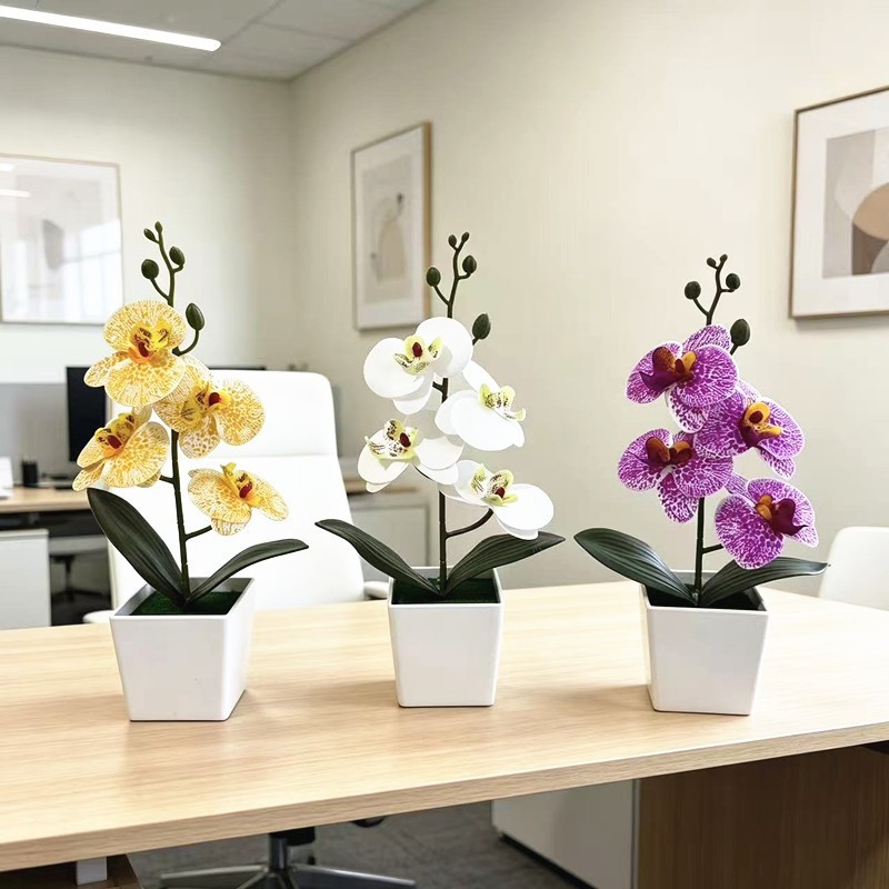 4-Bloom Faux Phalaenopsis Orchid in Trendy White Square Pot for Any Room