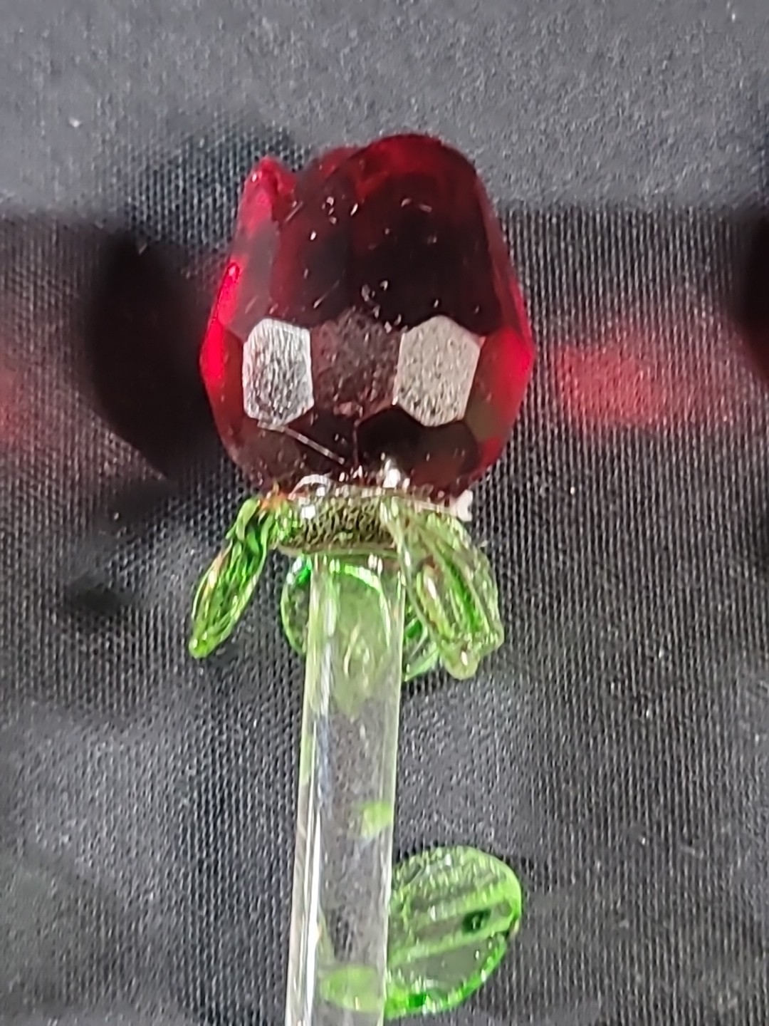 Lot of 6 Crystal Glass Red Rose Clear Green Stem 8” One Broken Piece 4 Repair