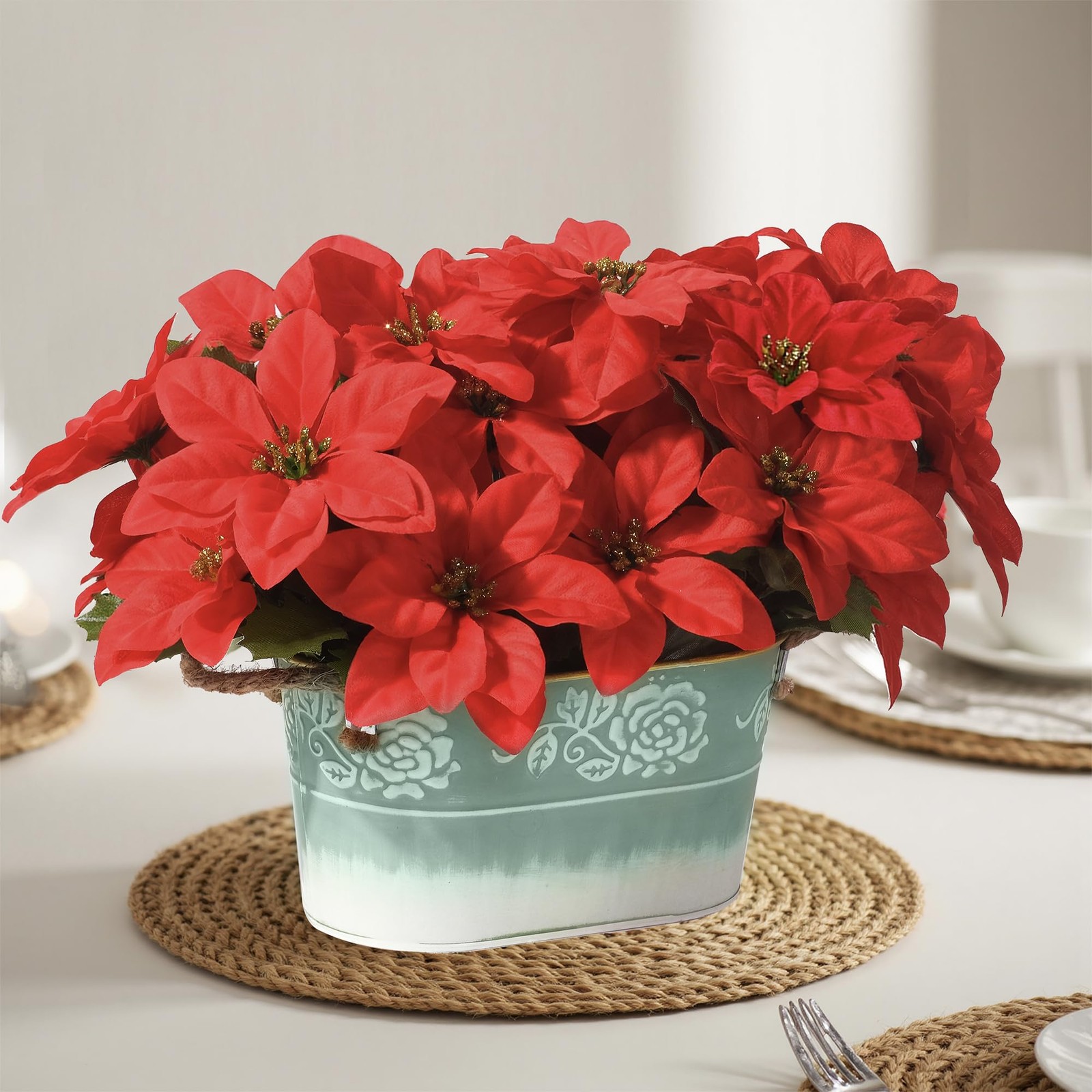 Artificial Red Poinsettia Floral Arrangement Green Metal Planter Jute Rope Use