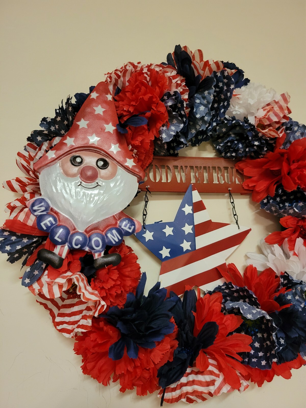 Welcome IN GOG WE TRUST red white blue burlap Door WREATH patriotic 4th of July