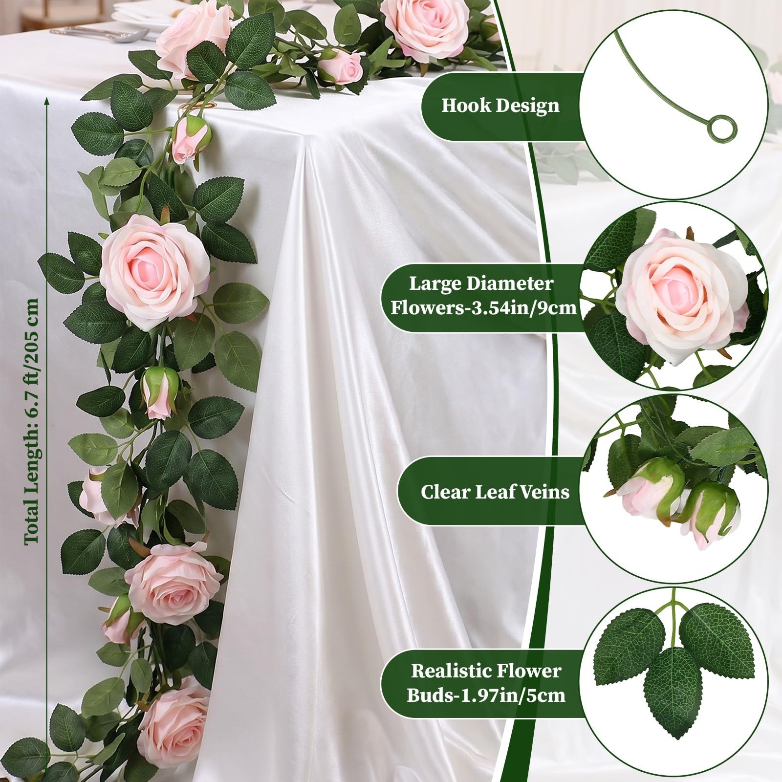 8 Pcs 54ft Artificial Pink Rose Flower Garland Realistic Silk Fake Flowers Ha…