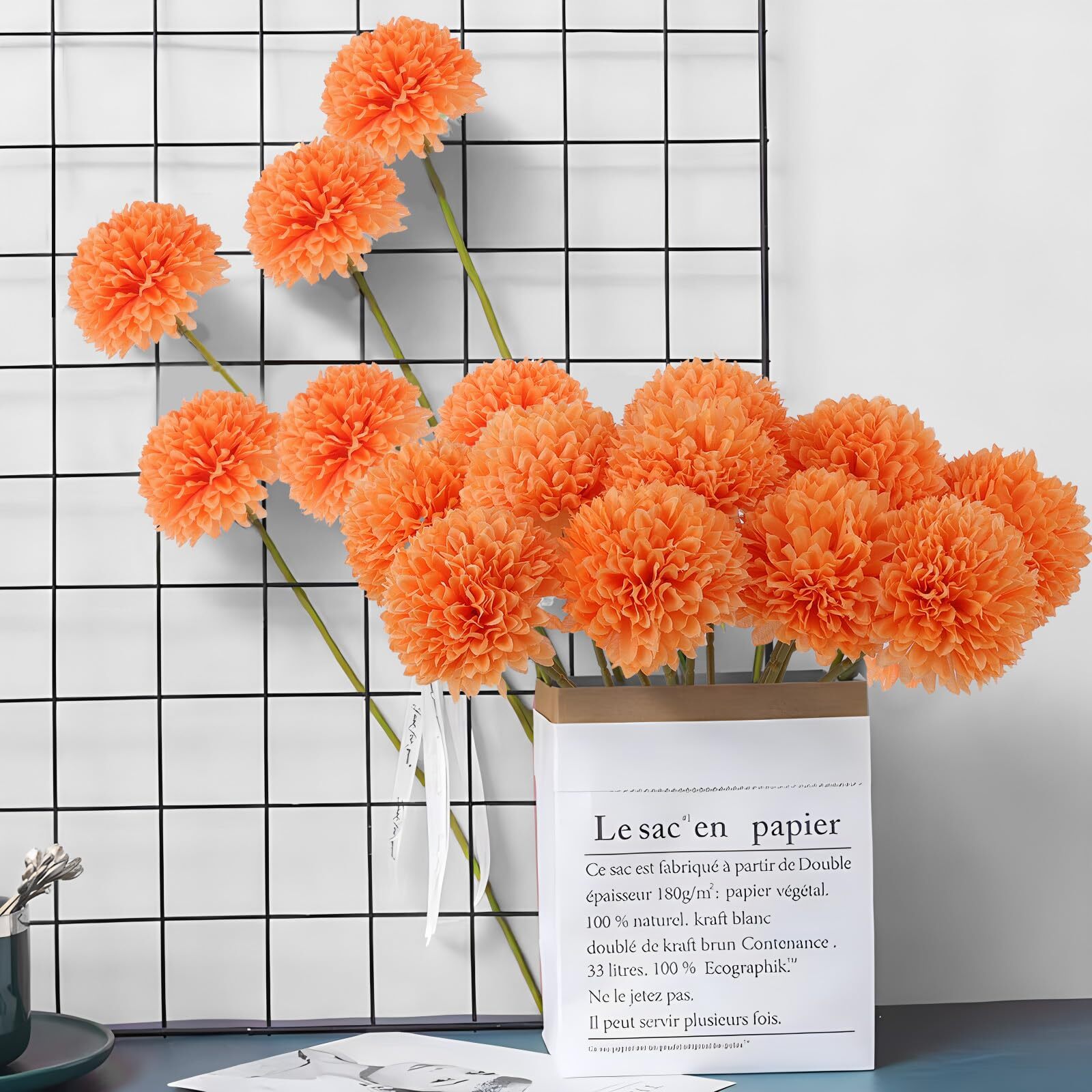 12 Pcs Artificial Chrysanthemums Flowers Ball Flowers Orange Faux Mums