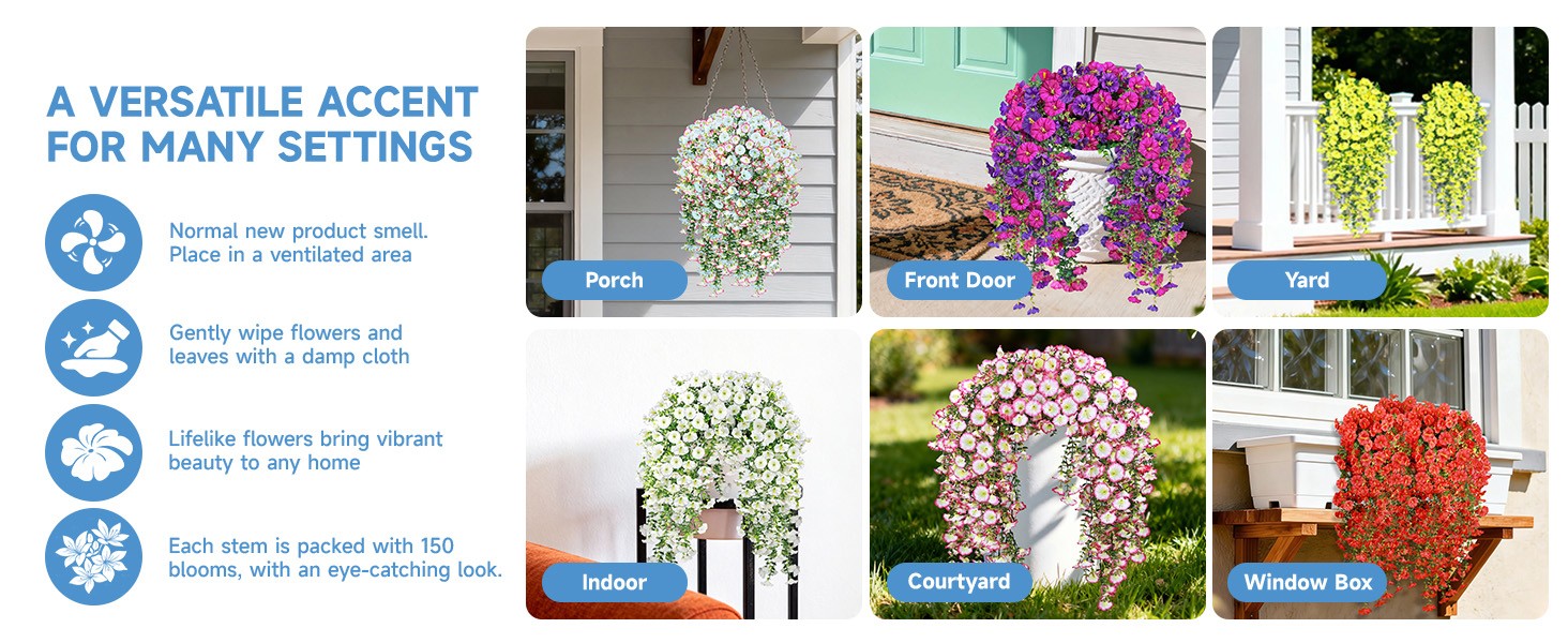 Artificial Hanging Flowers for Outdoors, 2 PCS 300 Blooms UV Resistant Morning
