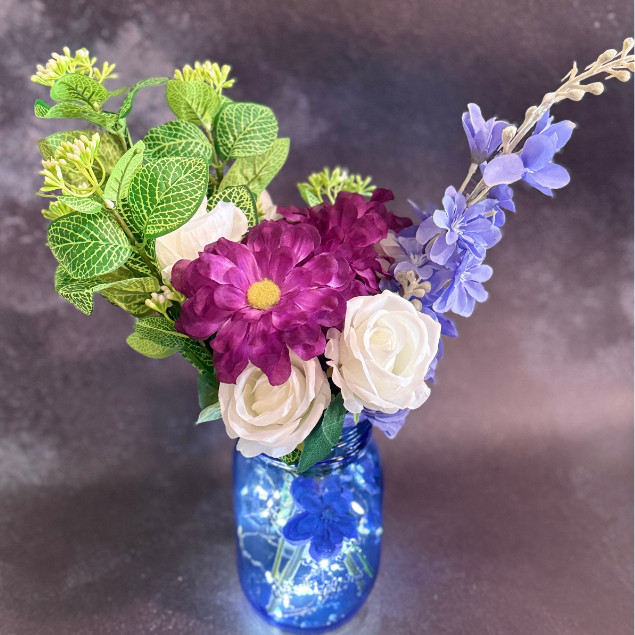 Purple White Rose Faux Floral Arrangement Blue Mason Jar LED Lights Home Decor