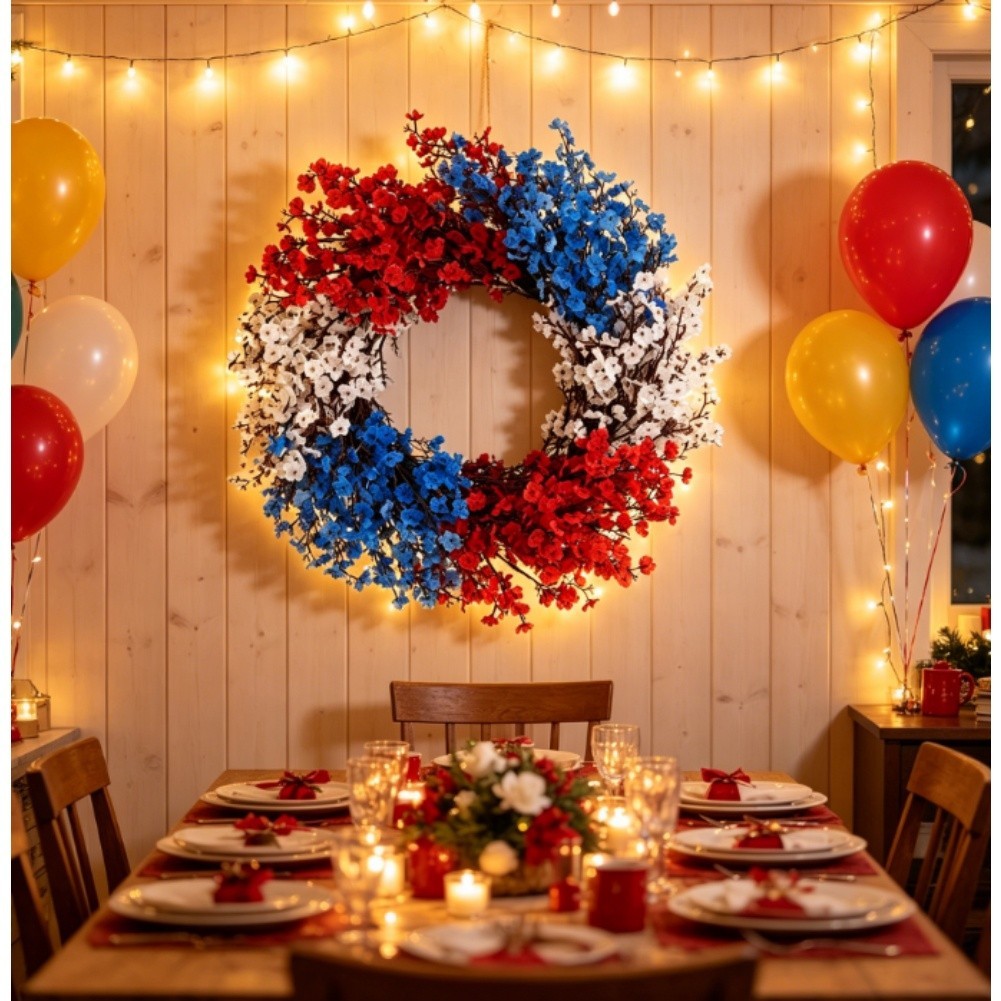 July 4th Silk Wreath Featuring Gypsophila for Wall or Door Hanging Use