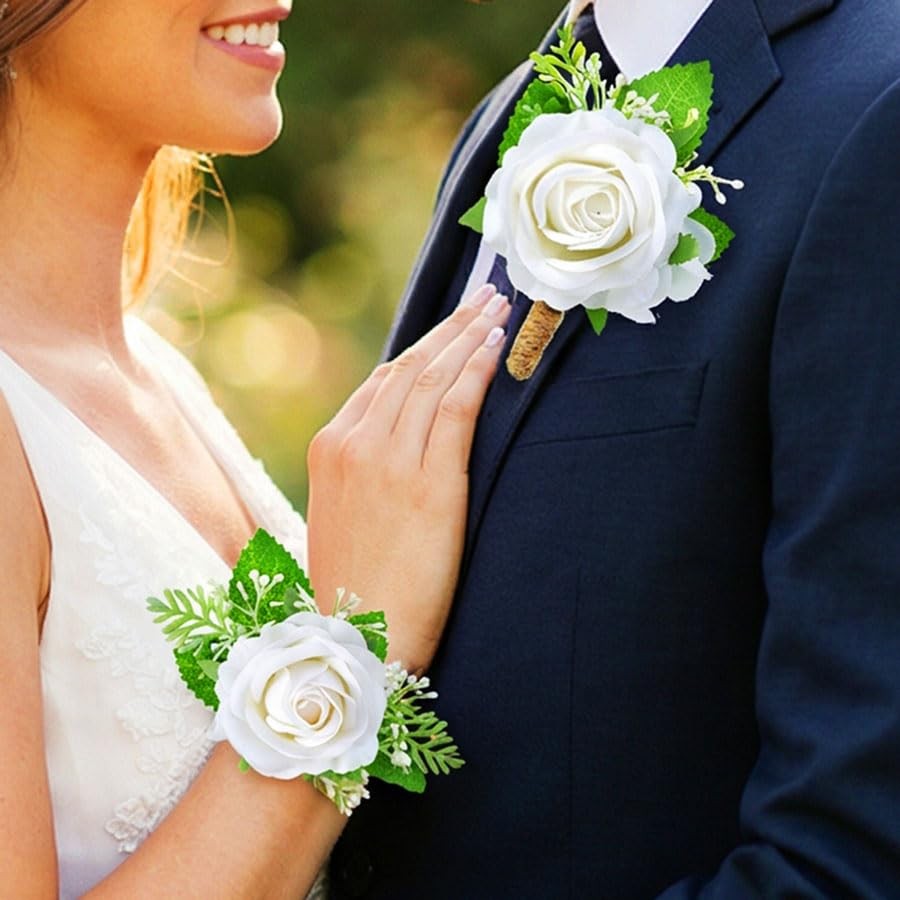 Rose Wrist Corsage Boutonniere Set Flower Wristlet Wedding Prom White Decor