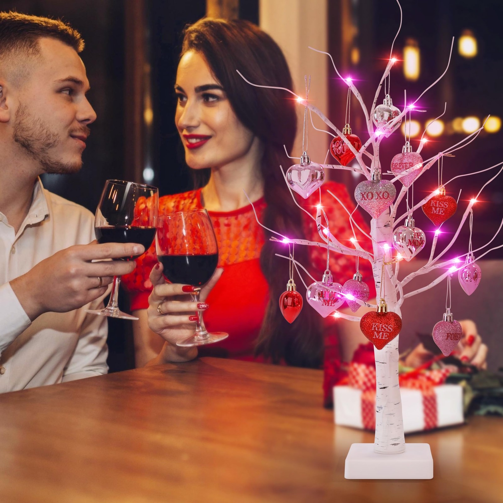 LED Birch Tree Decor with Hearts, 24″ Tabletop, Timer, USB & Battery Operated