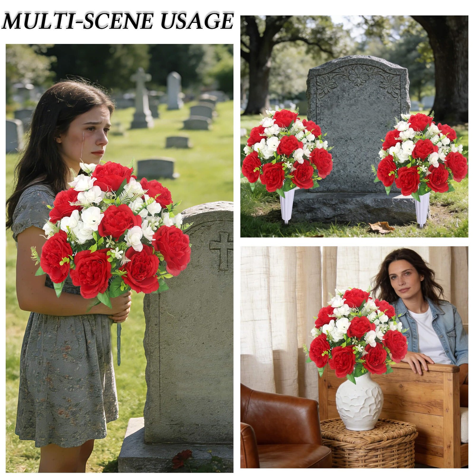 Artificial Cemetery Flowers with Vase – Set of 2 Peony Bouquets & Memorial Va…
