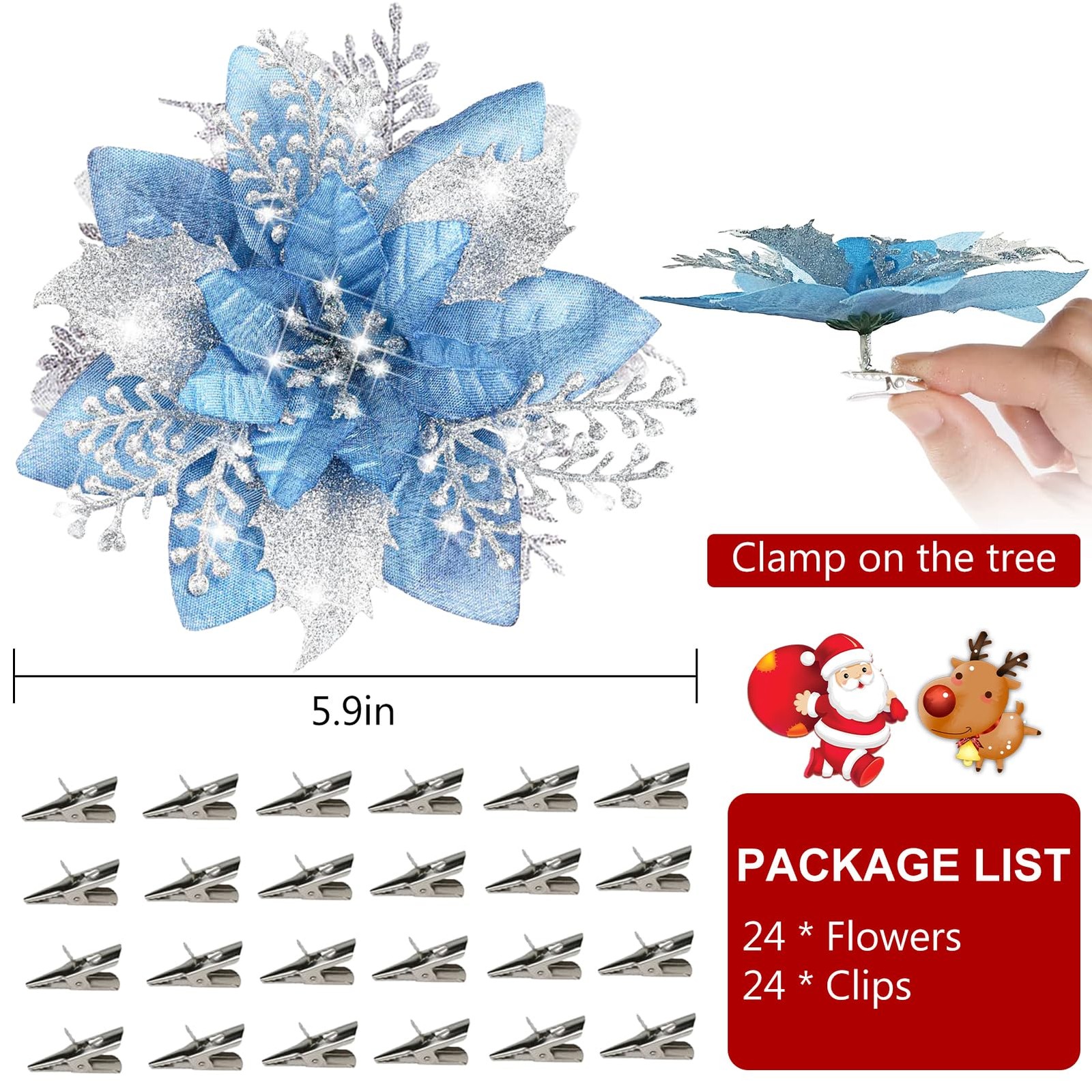 Artificial Christmas Flowers 24 PCS 5.9 Inch Glitter Poinsettias Blue Clip