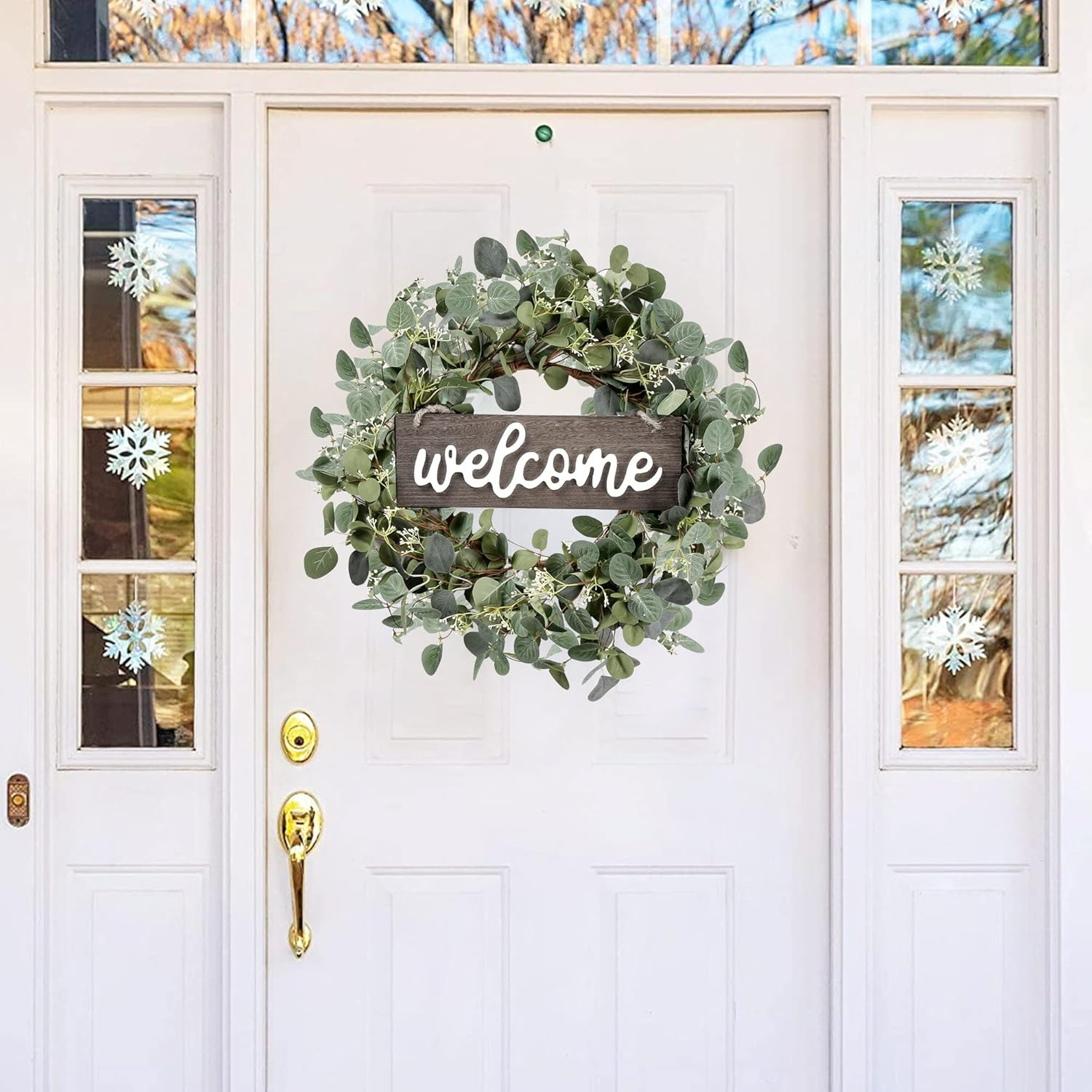 Green Eucalyptus Leaf Wreath with Welcome Sign 20In Artificial Eucalyptus Wreath