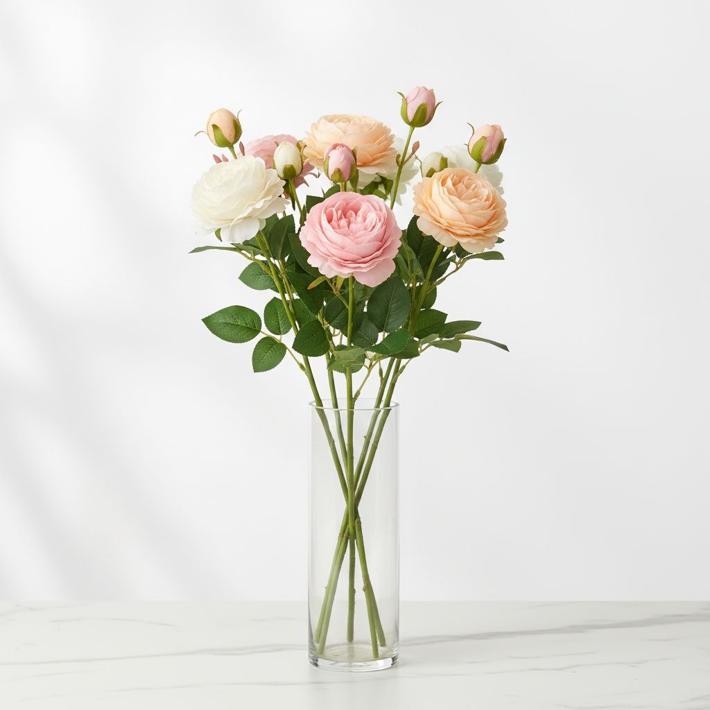 White Pink Peach Artificial Roses Gift Bouquet Wrapped Real Touch Rose Stems 26