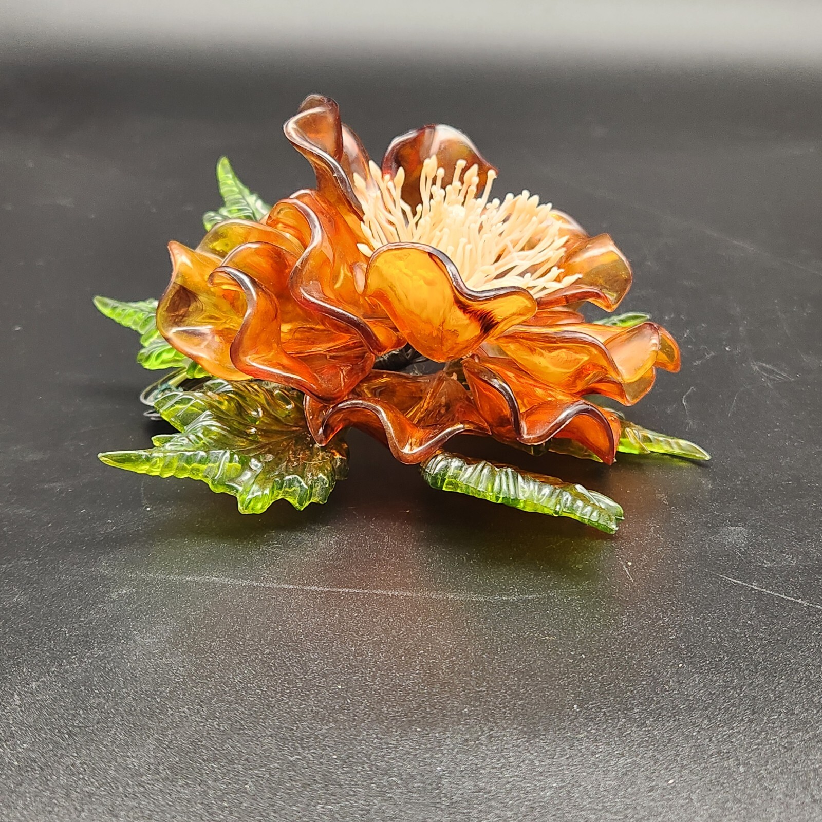 Vtg MCM Lucite Magnolia Flower & Leaves Wired Floral Arrangement Acrylic 7.5 x 7